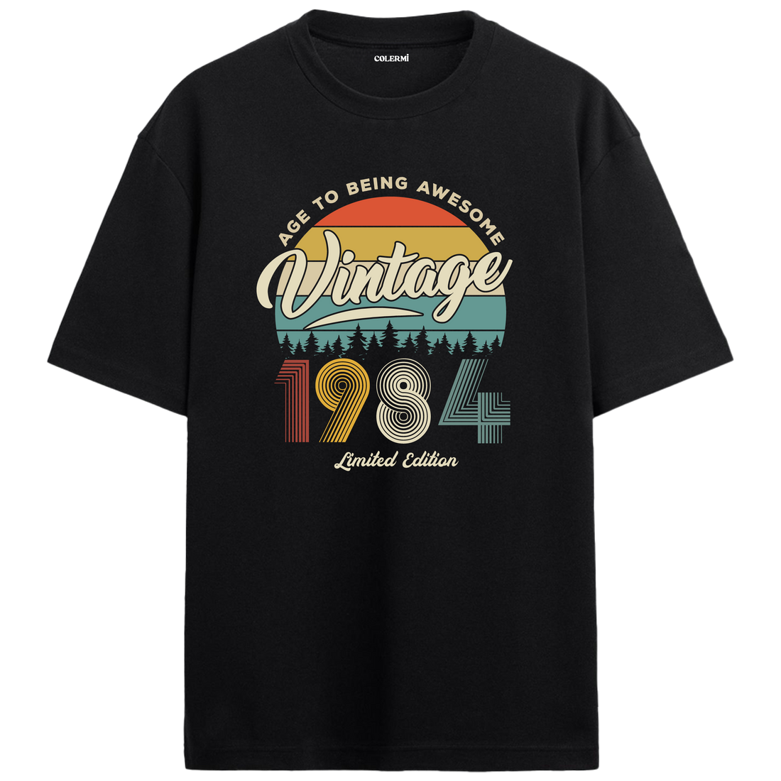 1984 Nostalgia Oversized T-Shirt - Retro Sunset Nature Silhouette Design
