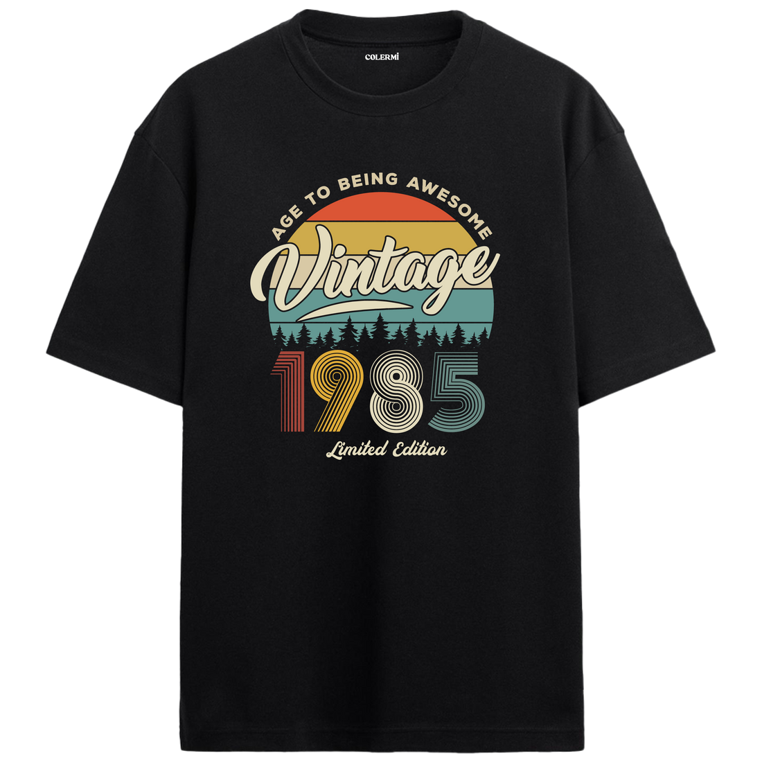 1985 Nostalgia Oversized T-Shirt - Retro Sunset Pine Tree Design