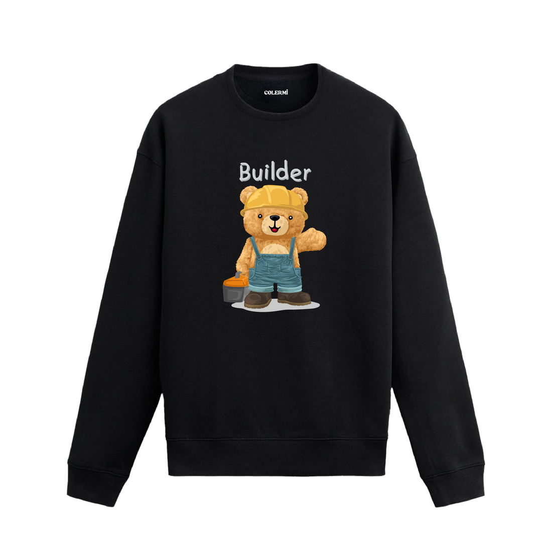 Builder temalı ayıcık baskılı sweatshirt, sarı baret ve tulum detaylarıyla eğlenceli bir stil sunarken pamuklu kumaşıyla rahatlık sağlıyor.