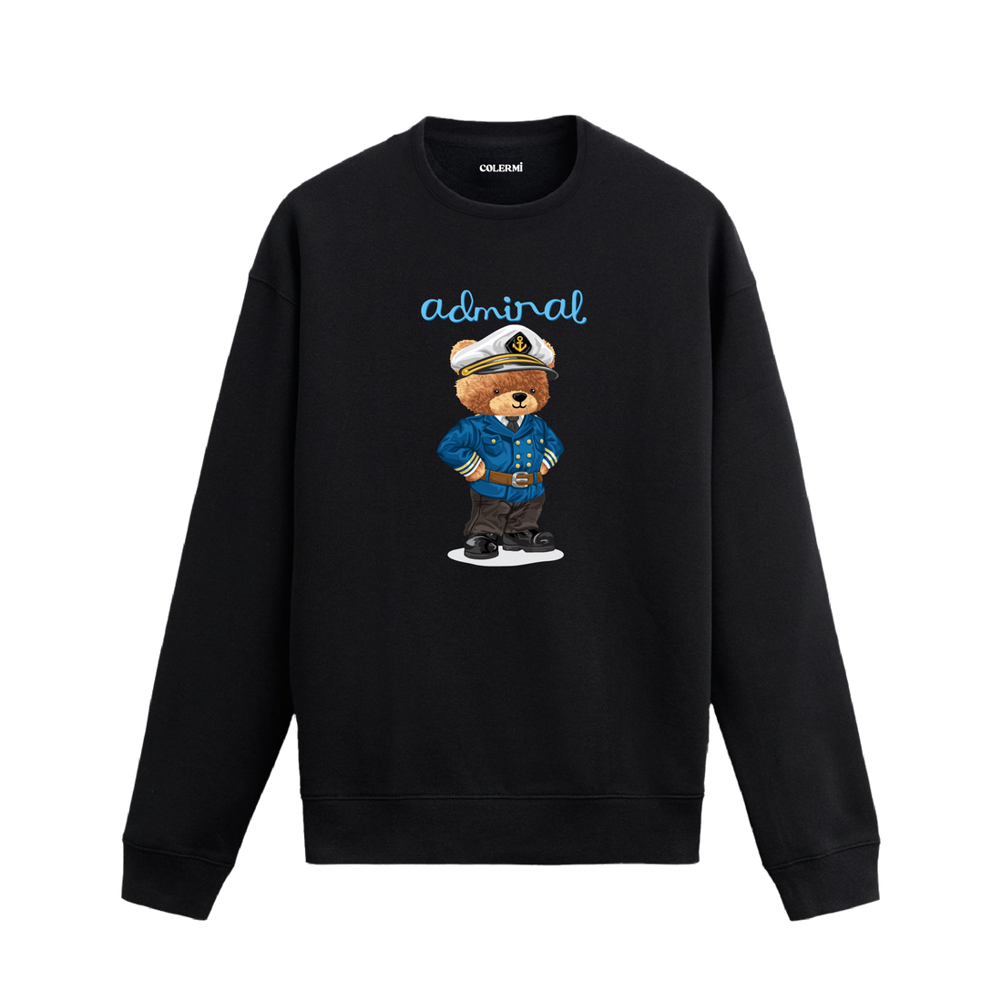 Admiral kaptan temalı ayıcık baskılı sweatshirt, denizcilik ve kaptan üniforması detaylarıyla özgün bir tasarım.