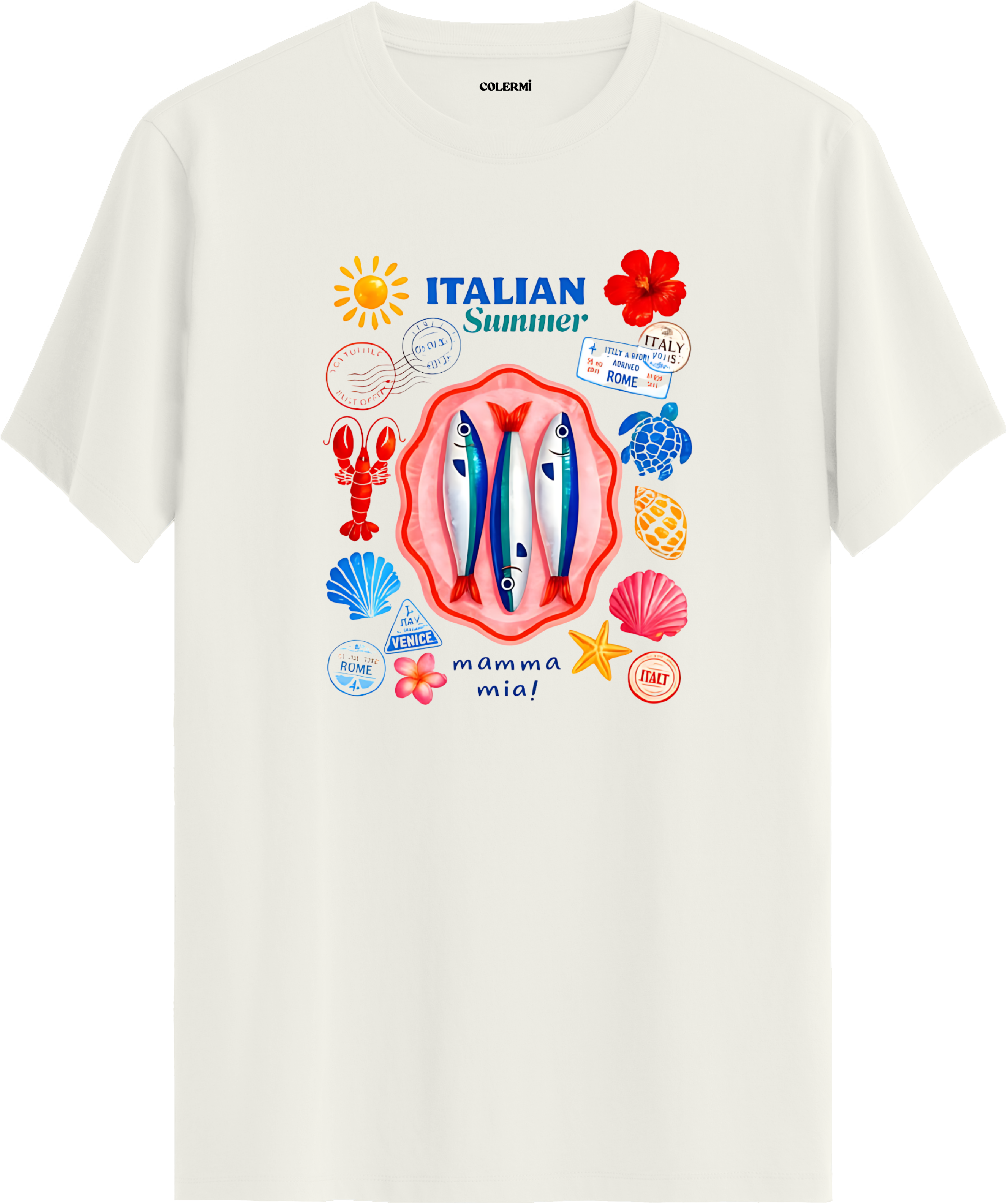 Italian Summer Deniz Kolaj Baskılı Regular Tişört