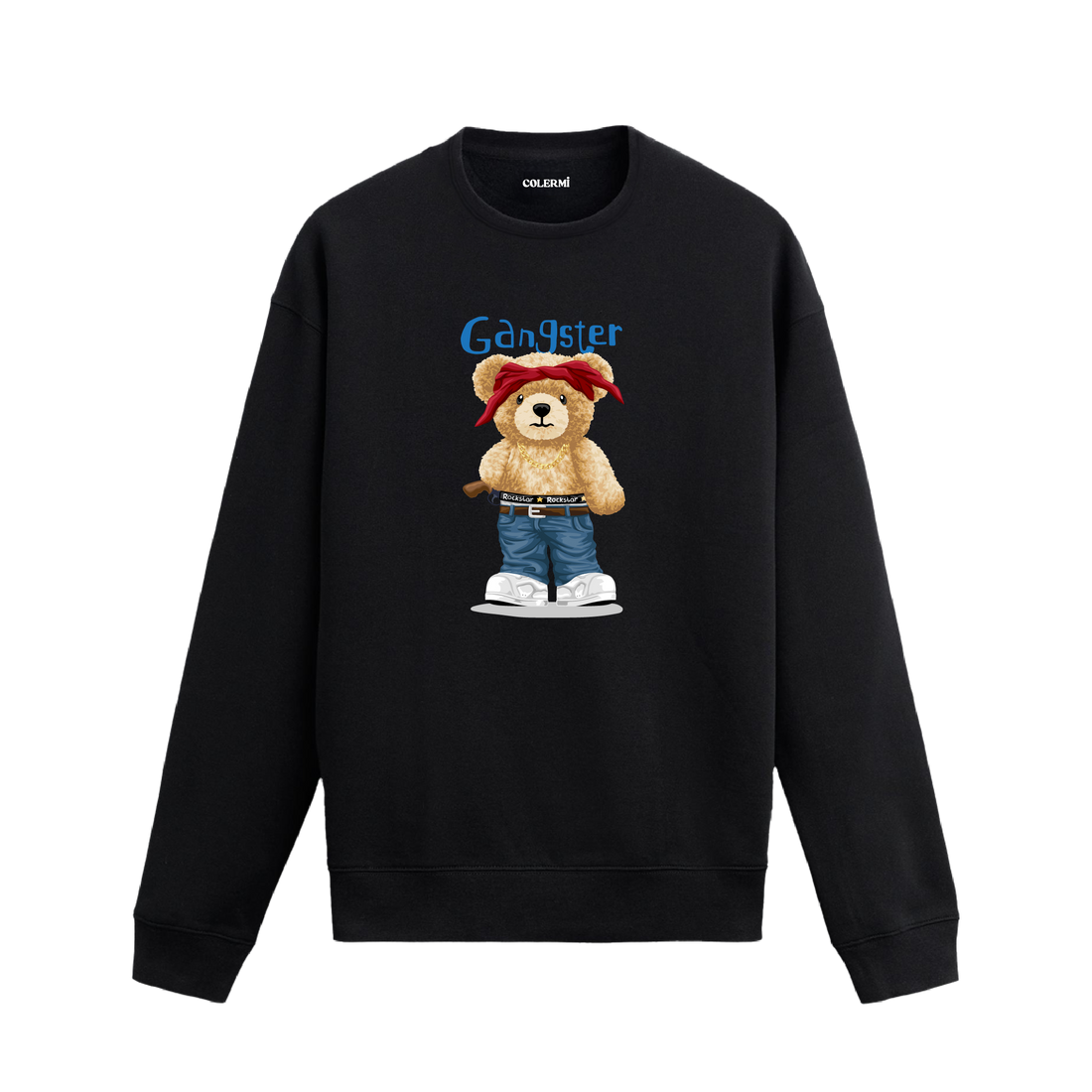 Gangsta tarzı kırmızı bandanalı ayıcık baskılı sweatshirt, pamuklu kumaşıyla sokak modasına enerjik ve konforlu bir stil kazandırıyor.