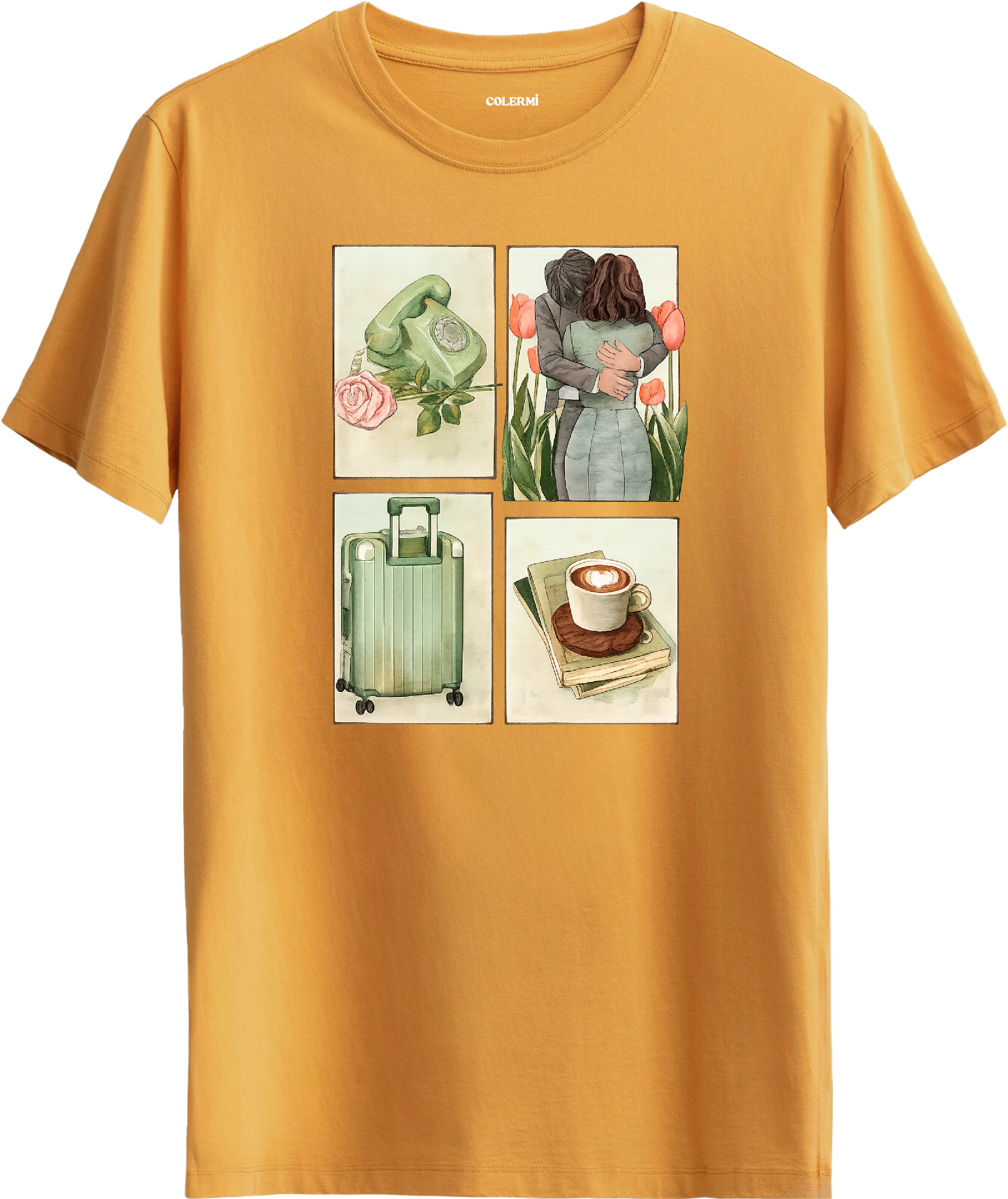 Romantik Seyahat Kolaj Baskılı Tişört