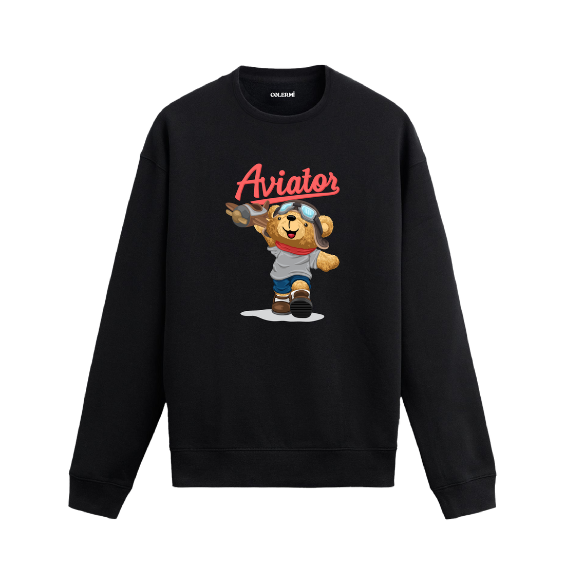Aviator pilot temalı ayıcık baskılı sweatshirt, uçak ve pilot gözlüğü detaylarıyla özgürlüğü ve macerayı simgeleyen tasarım.