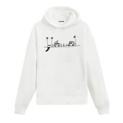 Colermi karavan, palmiye ve kamp ateşi baskılı kapüşonlu sweatshirt, tatil ve özgürlük ruhunu yansıtan tasarım.