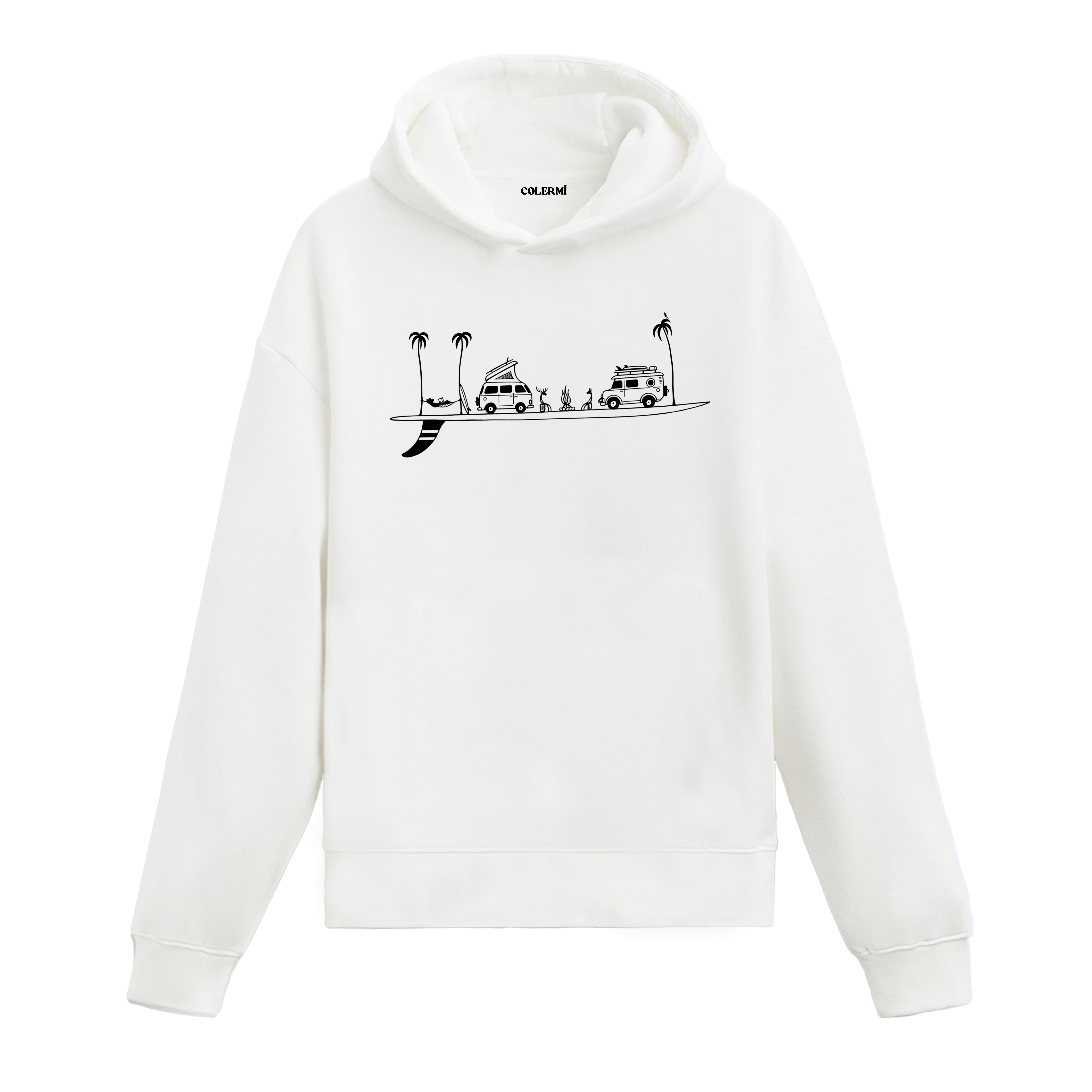 Colermi karavan, palmiye ve kamp ateşi baskılı kapüşonlu sweatshirt, tatil ve özgürlük ruhunu yansıtan tasarım.