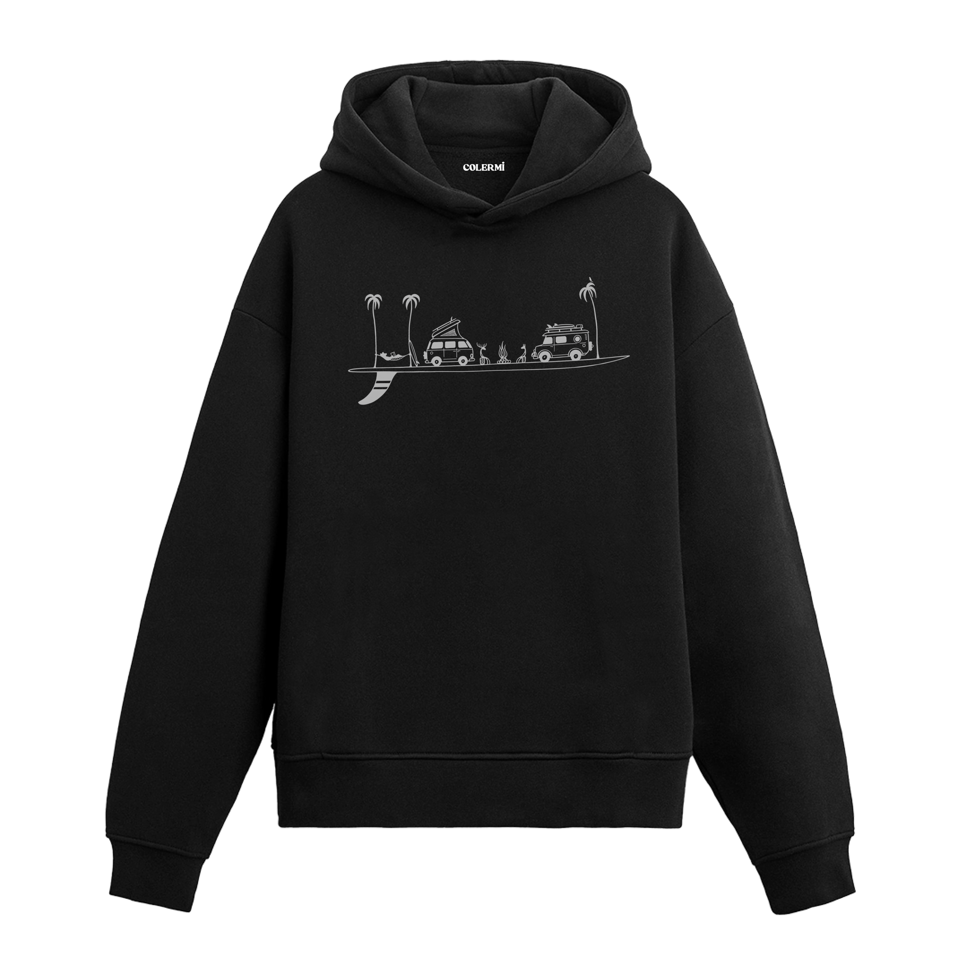 Colermi karavan, palmiye ve kamp ateşi baskılı kapüşonlu sweatshirt, tatil ve özgürlük ruhunu yansıtan tasarım.