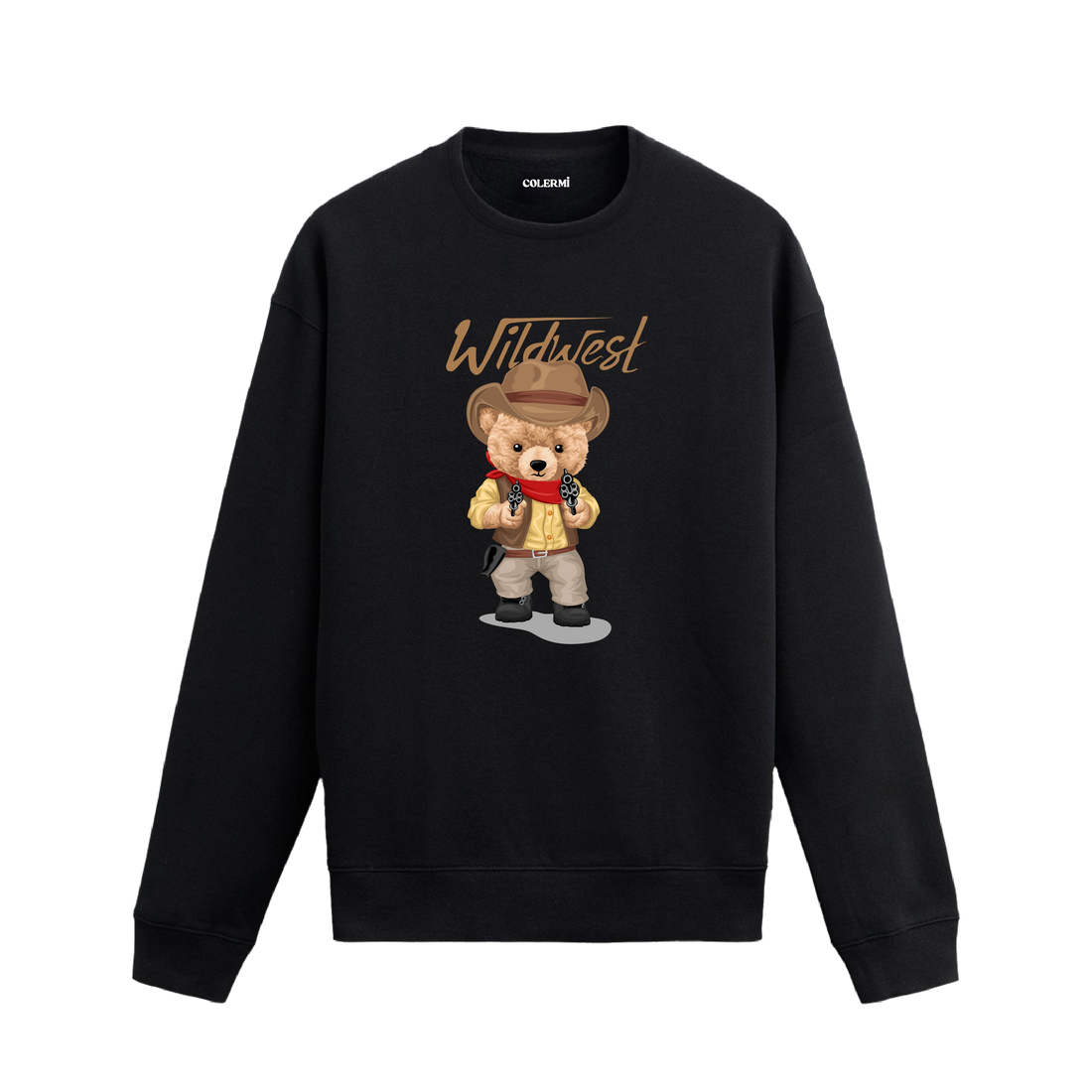 Wild West kovboy şerif temalı ayıcık baskılı sweatshirt, western stilini pamuklu kumaşıyla günlük modaya taşıyor.