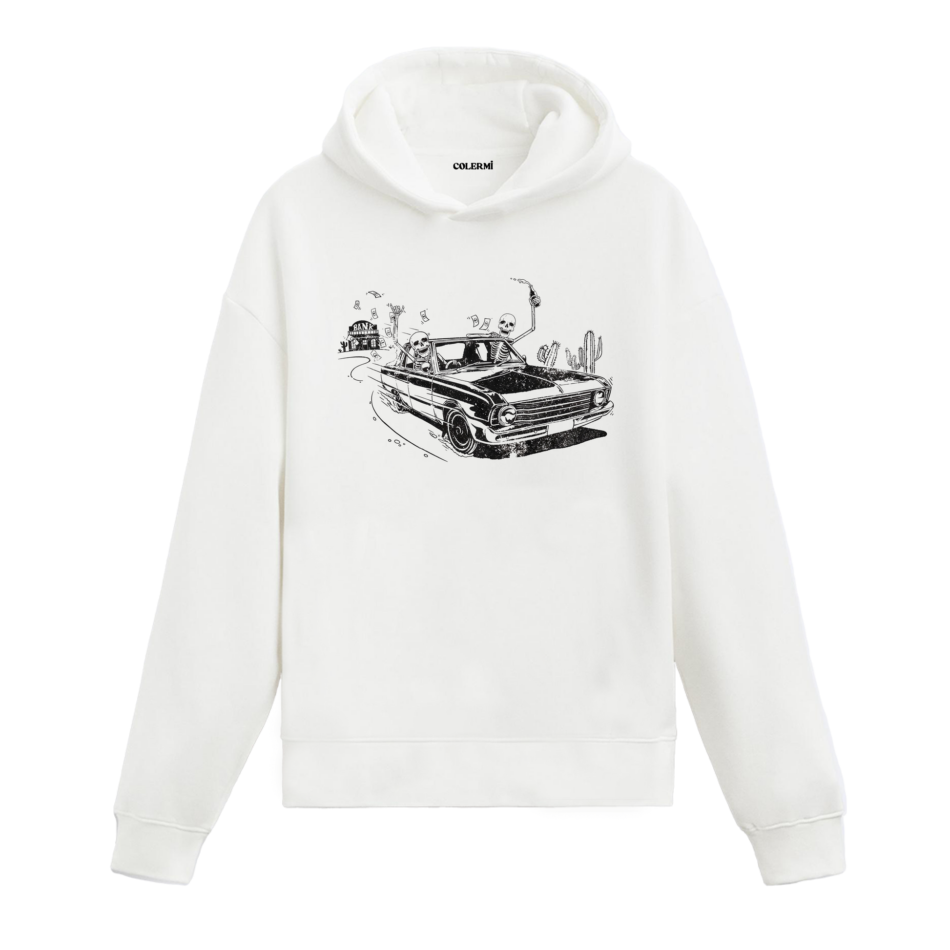 Colermi kurukafa ve banka soygunu baskılı sweatshirt, çöl yolculuğu ve asi ruhu yansıtan tasarım