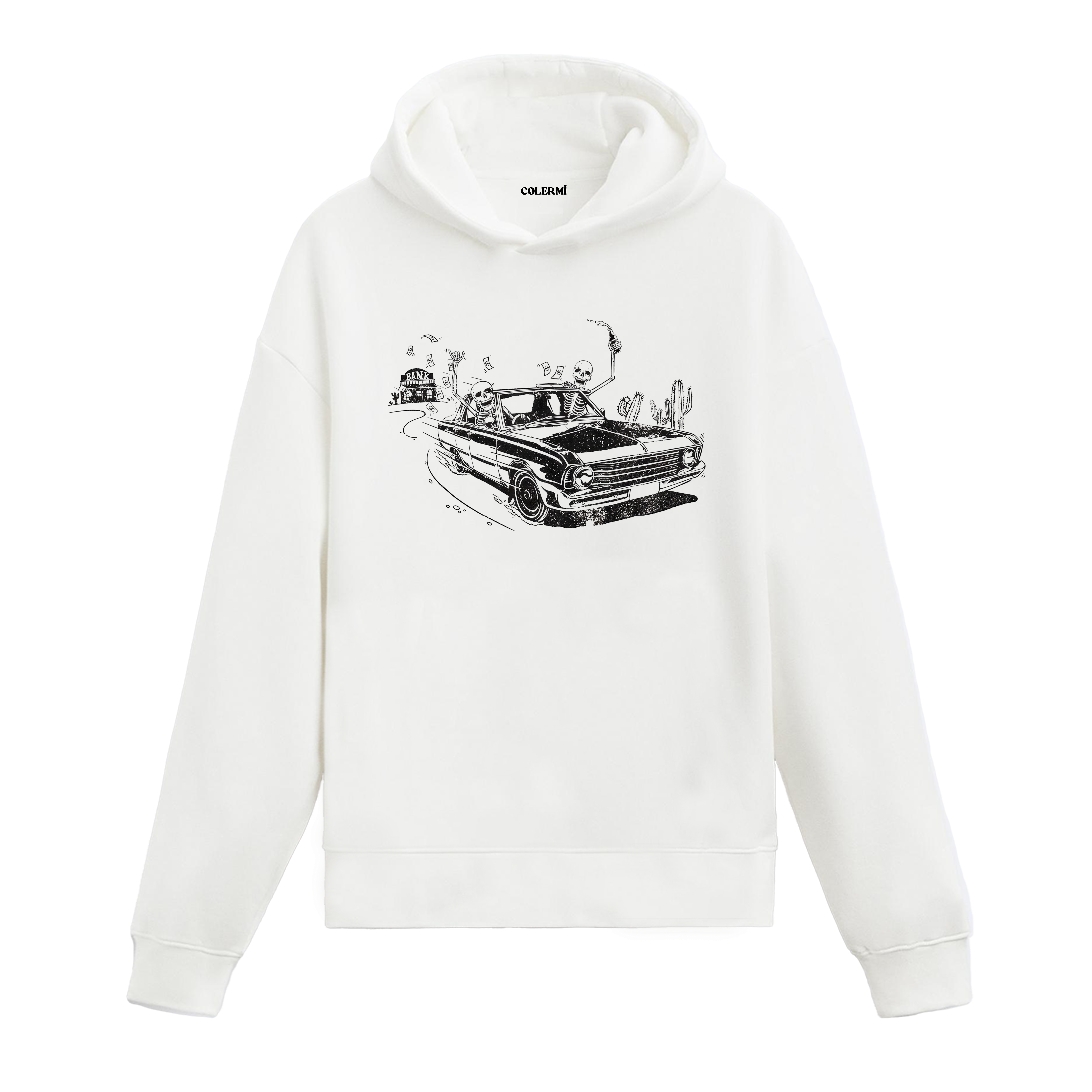 Colermi kurukafa ve banka soygunu baskılı sweatshirt, çöl yolculuğu ve asi ruhu yansıtan tasarım