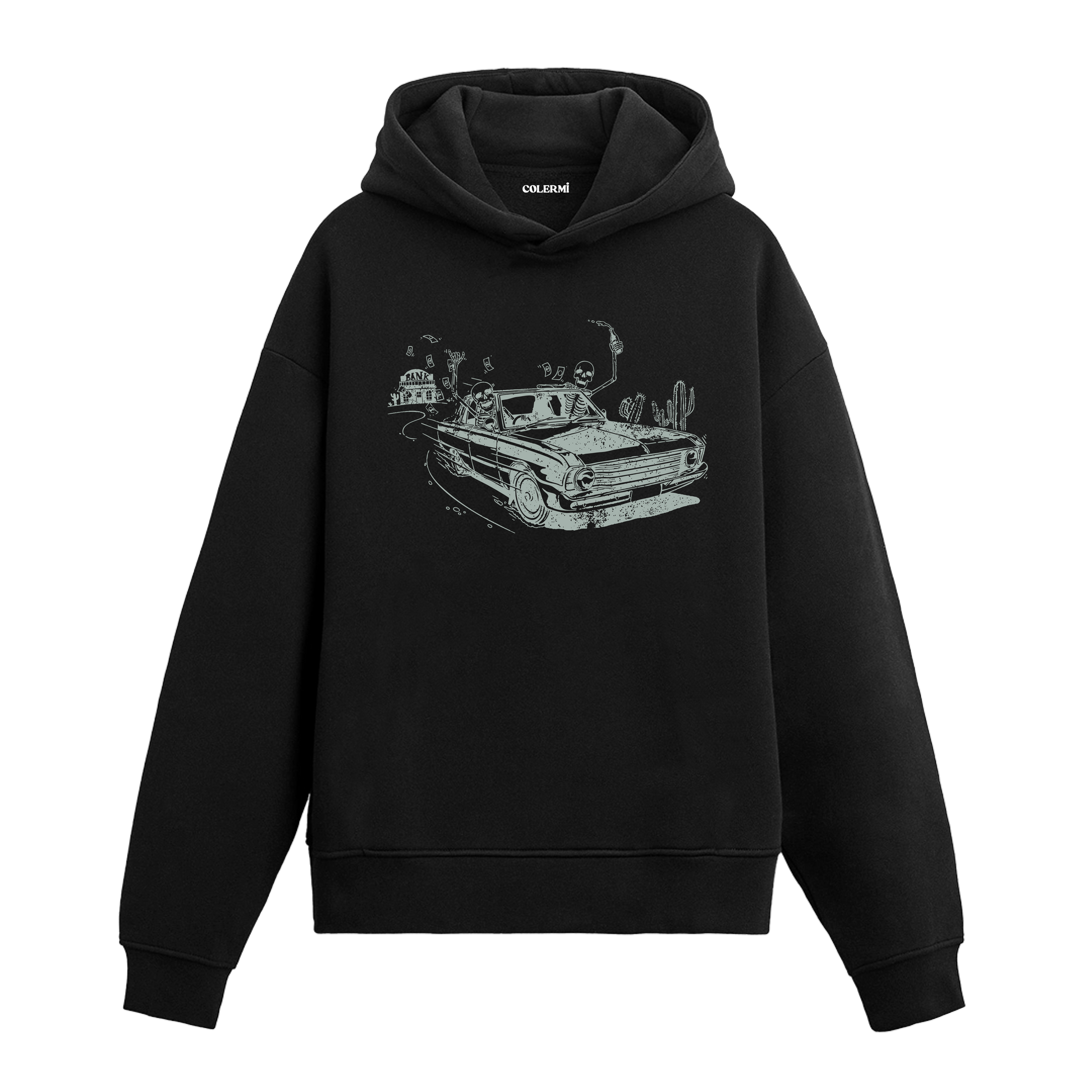 Colermi kurukafa ve banka soygunu baskılı sweatshirt, çöl yolculuğu ve asi ruhu yansıtan tasarım