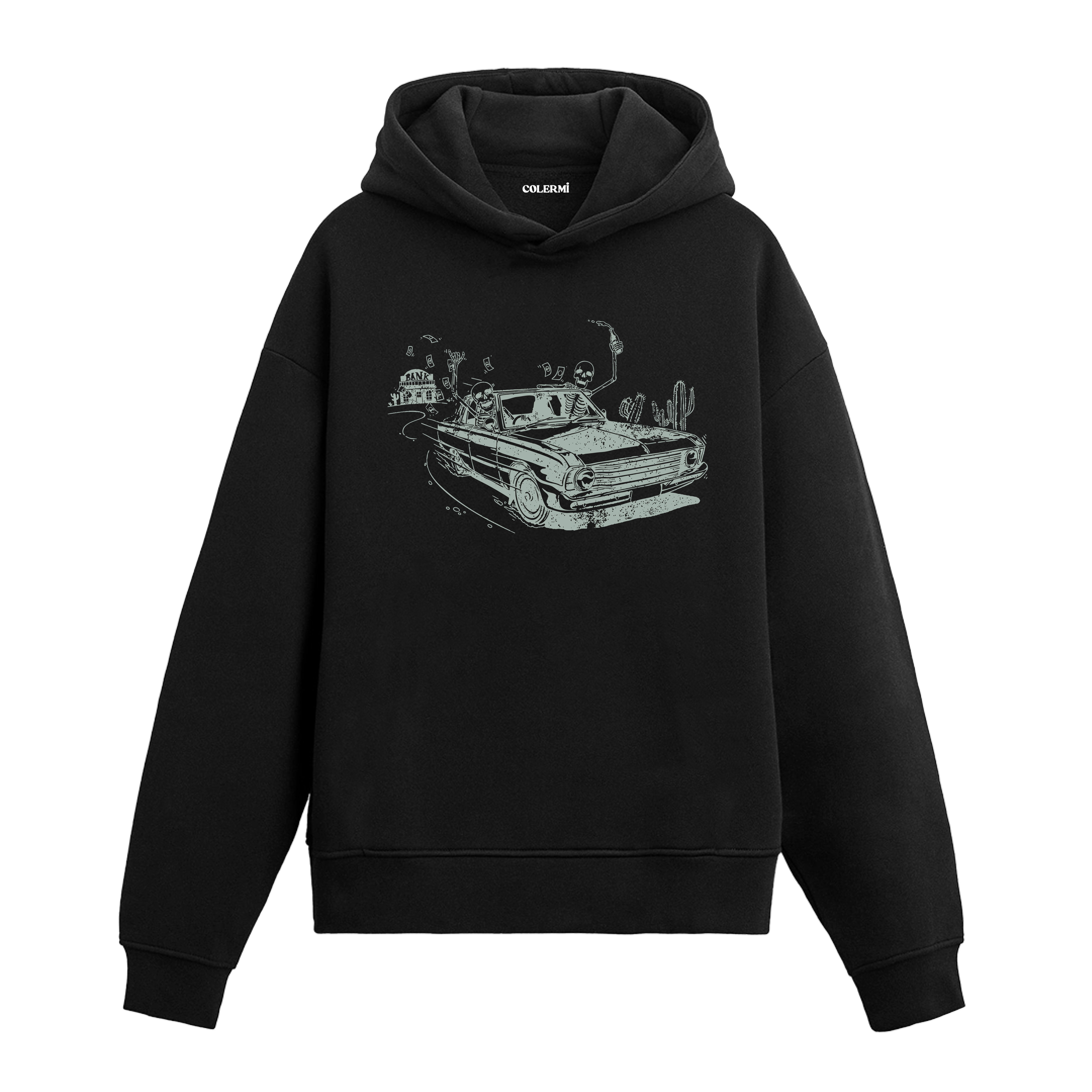 Colermi kurukafa ve banka soygunu baskılı sweatshirt, çöl yolculuğu ve asi ruhu yansıtan tasarım