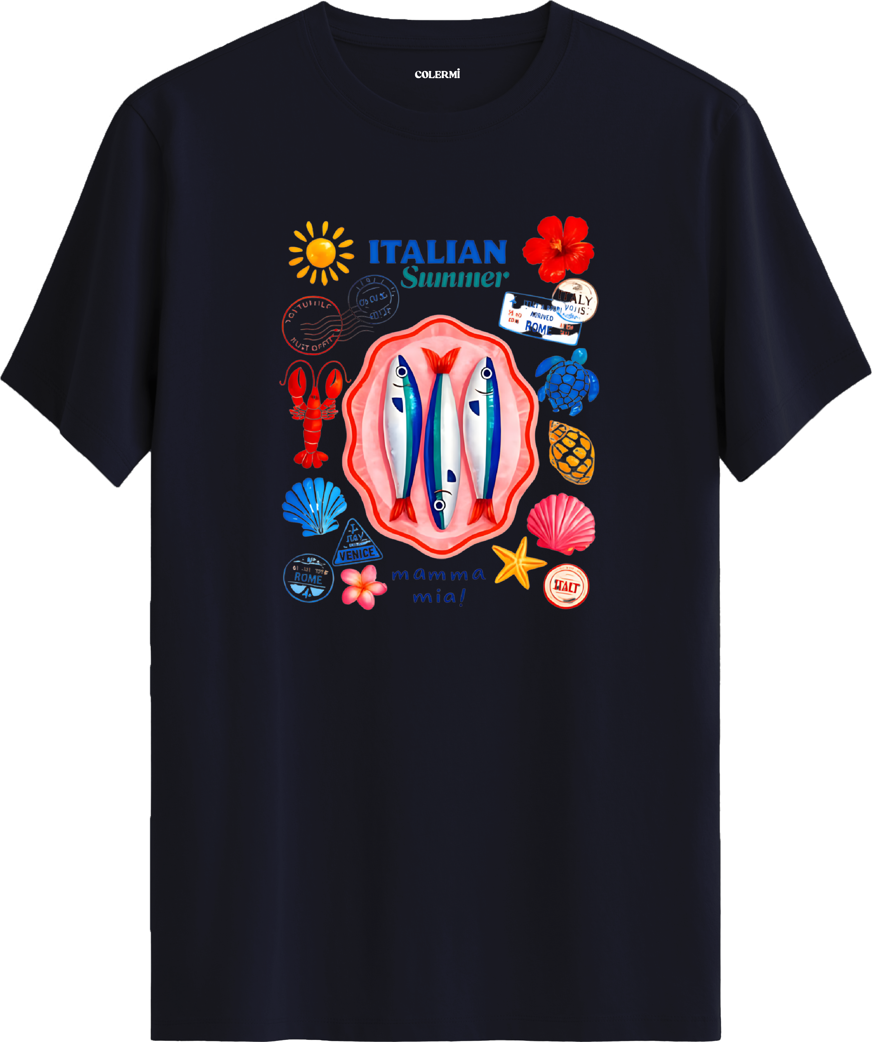Italian Summer Deniz Kolaj Baskılı Regular Tişört
