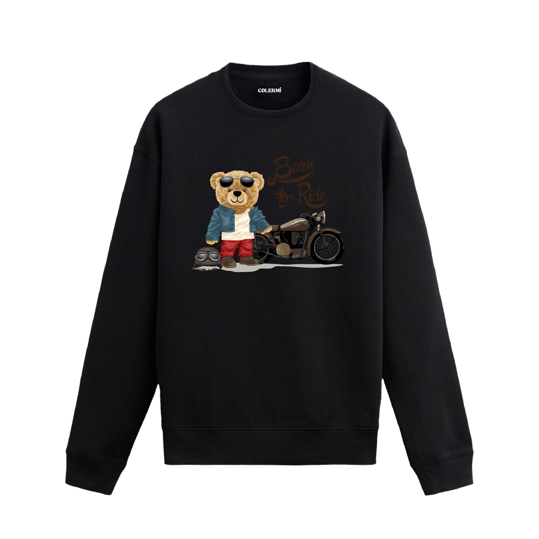 Born to Ride temalı ayıcık baskılı sweatshirt, motosiklet ve deri ceket detaylarıyla özgür ruhlu tarzı yansıtan şık bir tasarım.