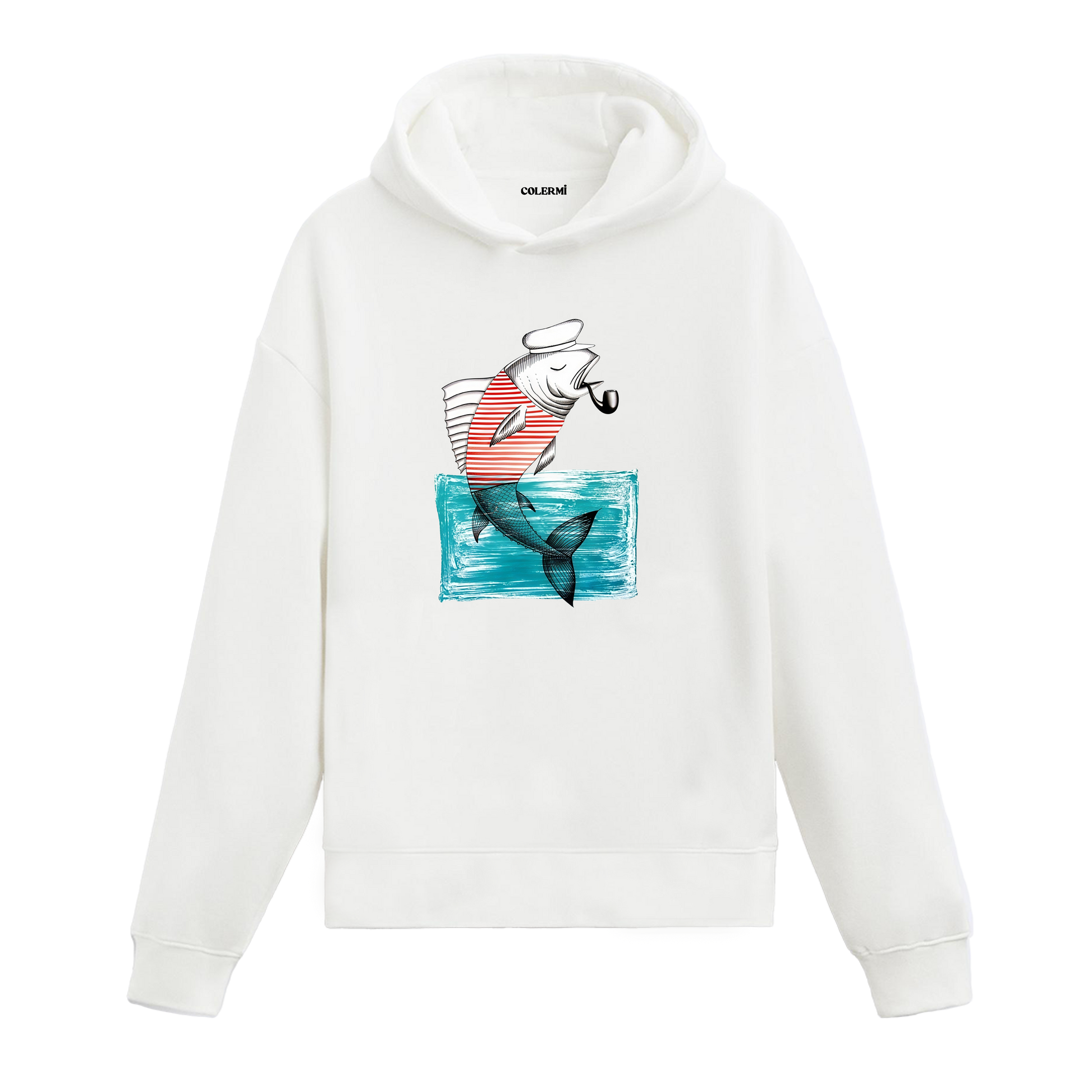 Colermi pipo içen denizci balık baskılı hoodie, eğlenceli ve sıcak tutan tasarım