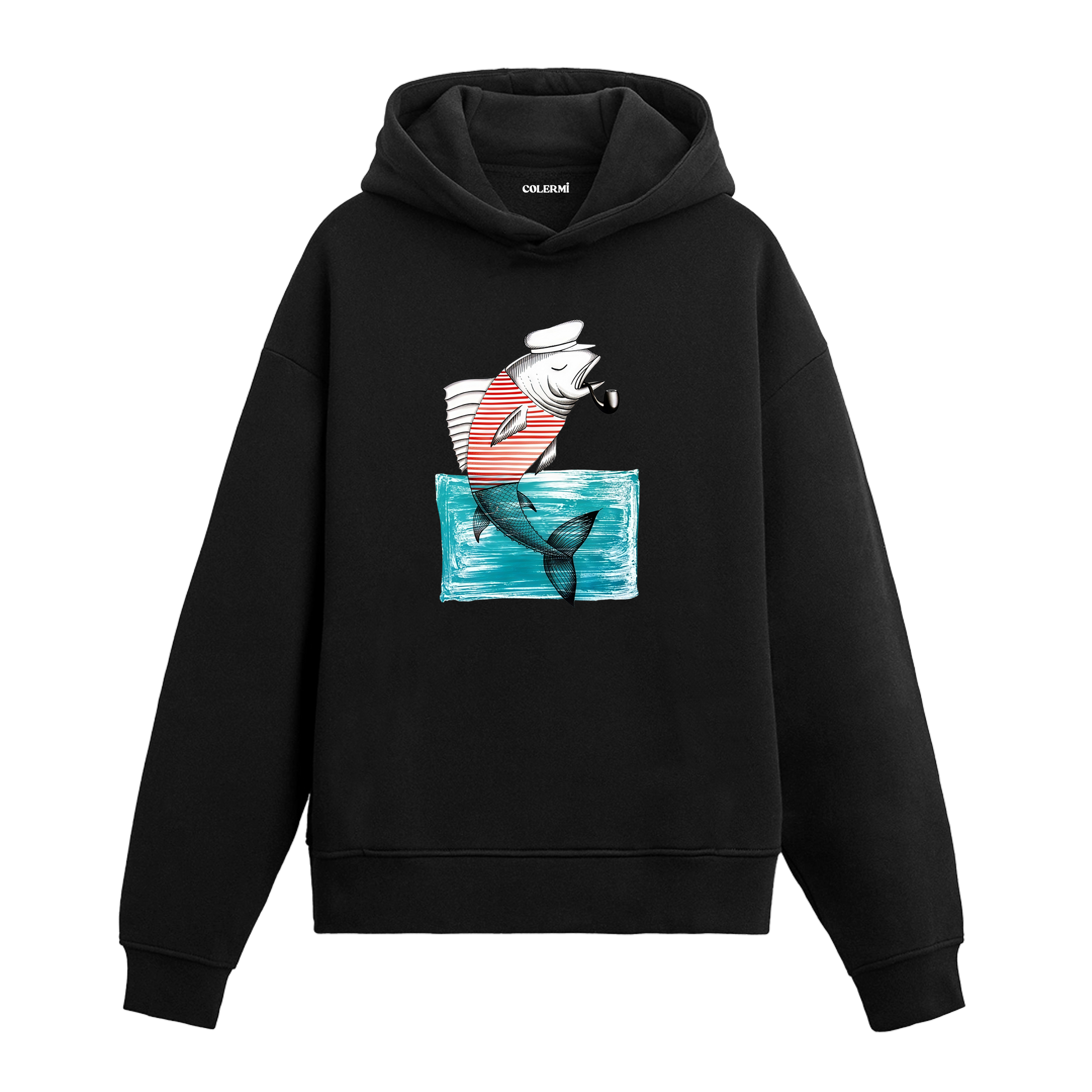 Colermi pipo içen denizci balık baskılı hoodie, eğlenceli ve sıcak tutan tasarım