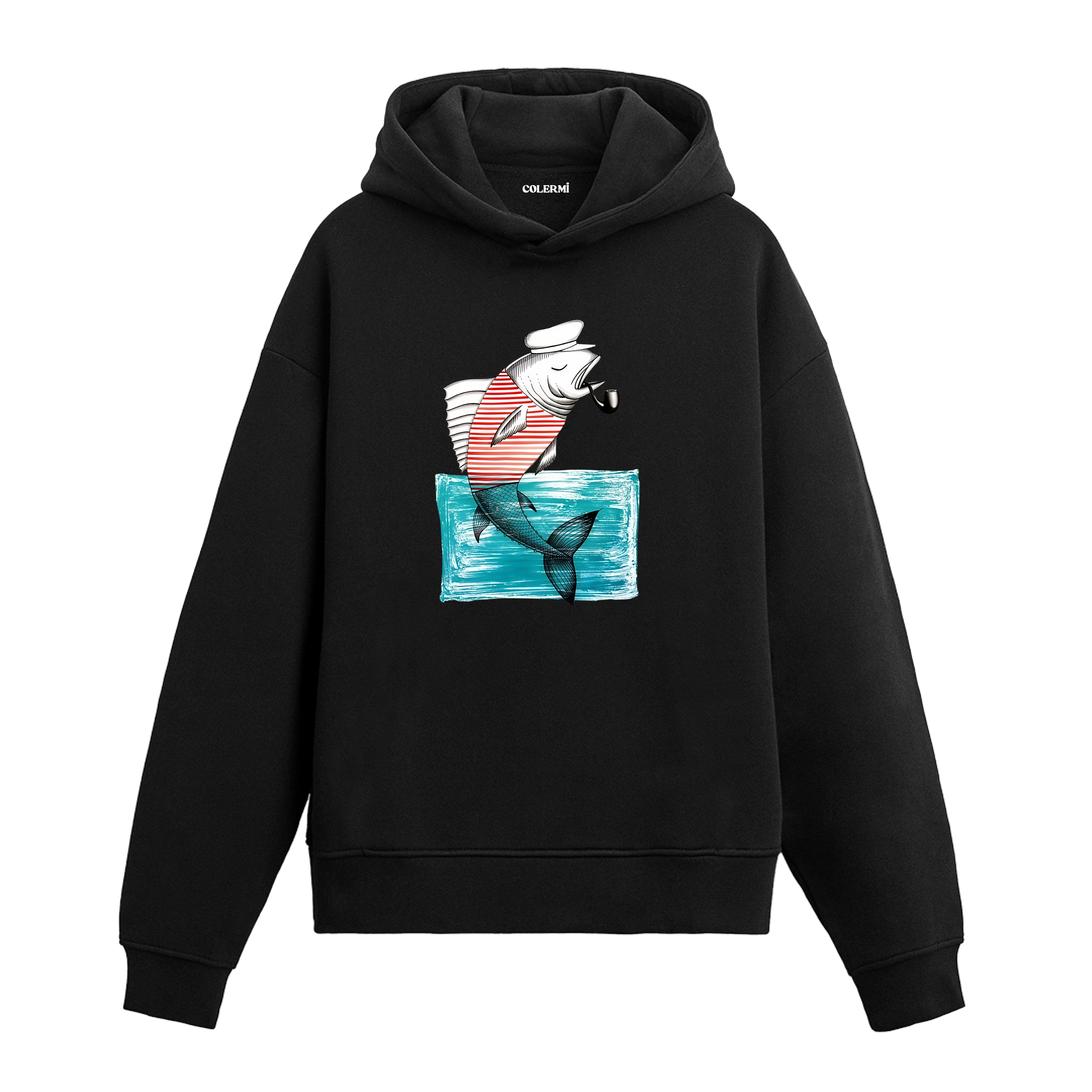 Colermi pipo içen denizci balık baskılı hoodie, eğlenceli ve sıcak tutan tasarım
