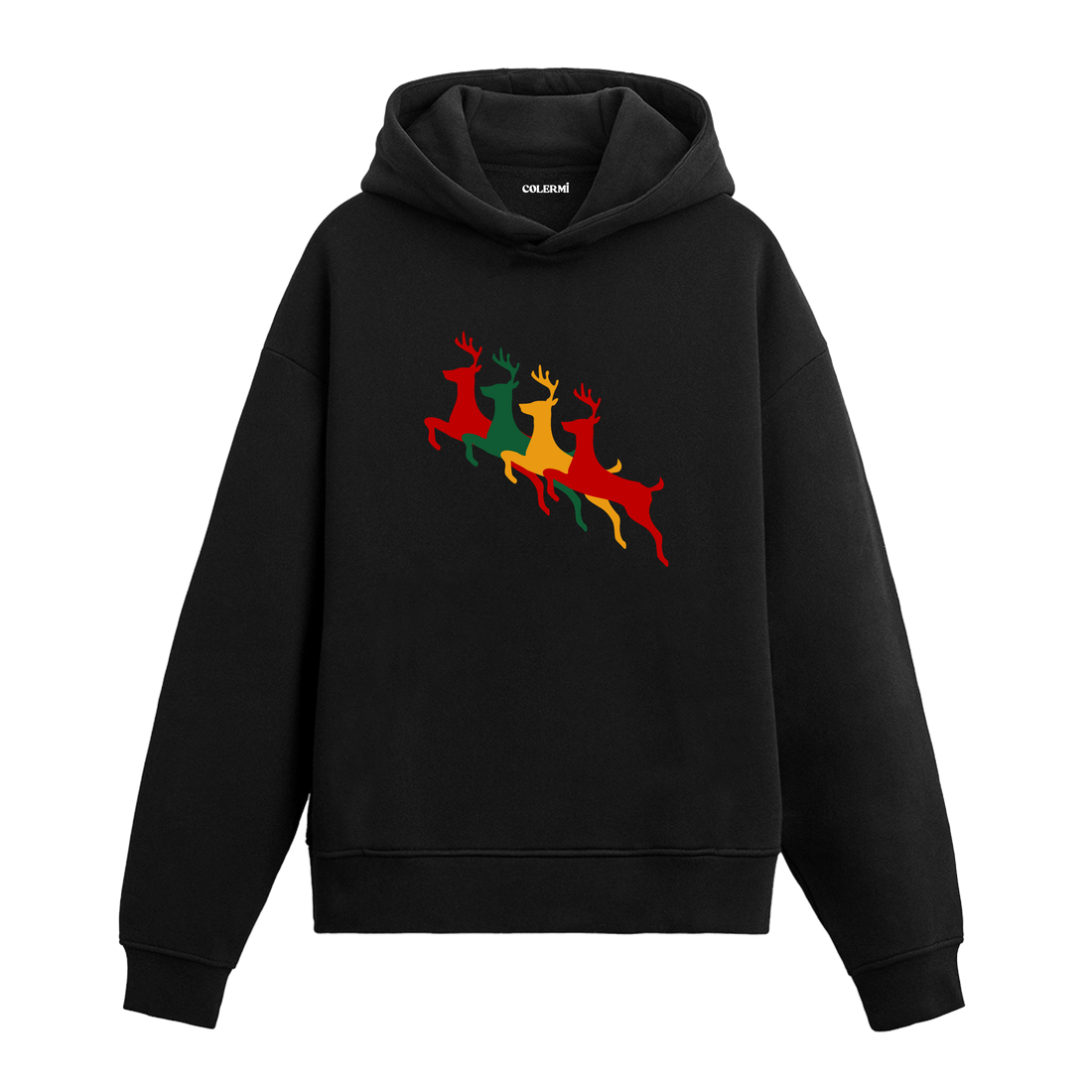 Siyah hoodie, kırmızı, sarı ve yeşil renkli geyik baskısı, pamuklu unisex hoodie