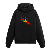 Siyah hoodie, kırmızı, sarı ve yeşil renkli geyik baskısı, pamuklu unisex hoodie