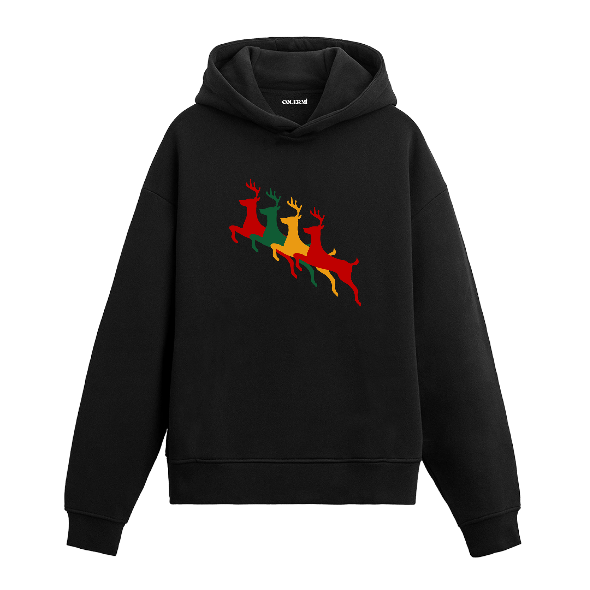 Siyah hoodie, kırmızı, sarı ve yeşil renkli geyik baskısı, pamuklu unisex hoodie