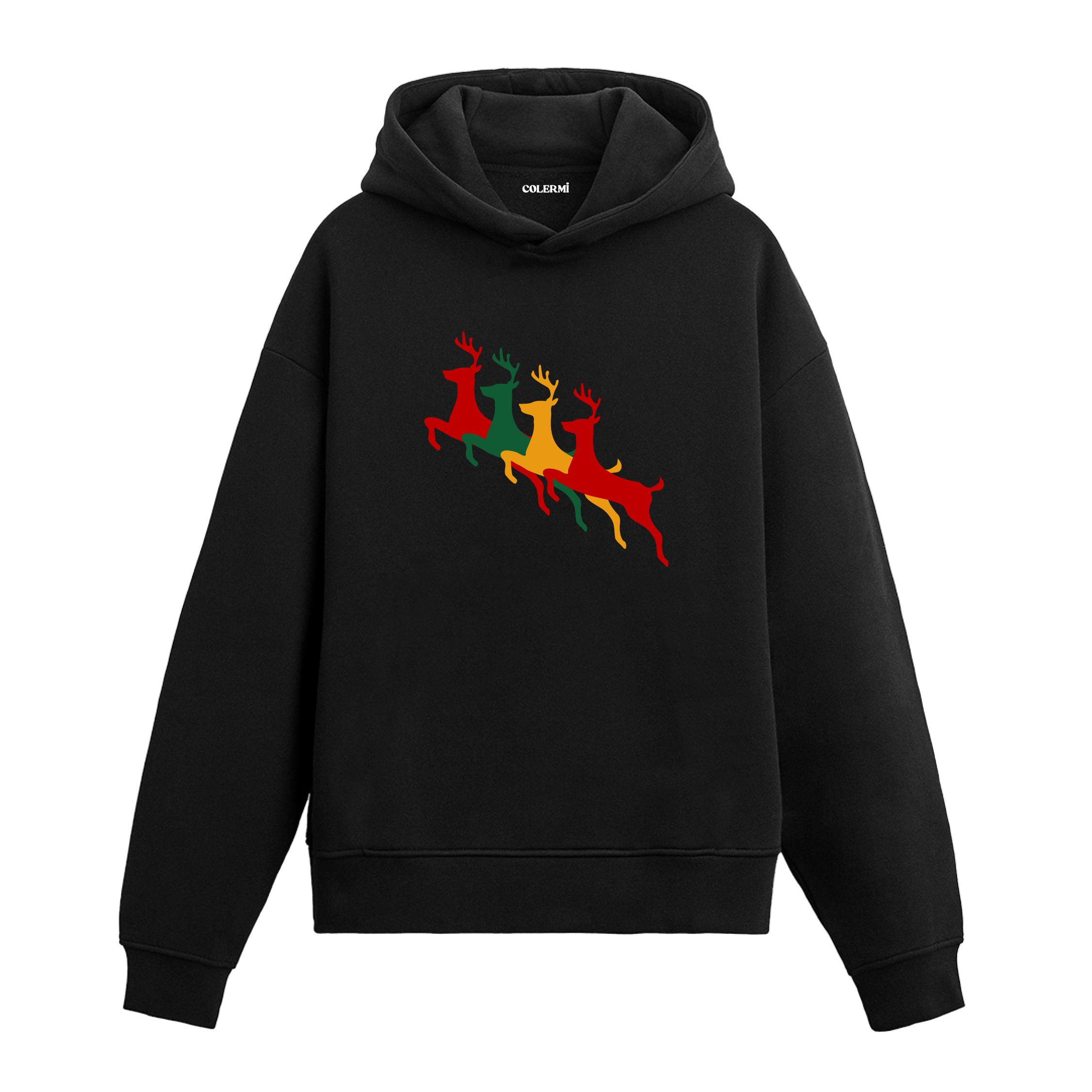 Siyah hoodie, kırmızı, sarı ve yeşil renkli geyik baskısı, pamuklu unisex hoodie