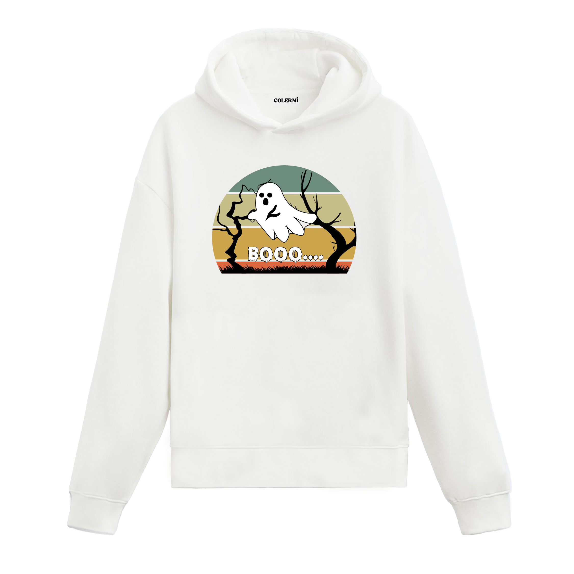 Retro Ghost "Booo..." Graphic Hoodie – Fun, Spooky, and Playful Style