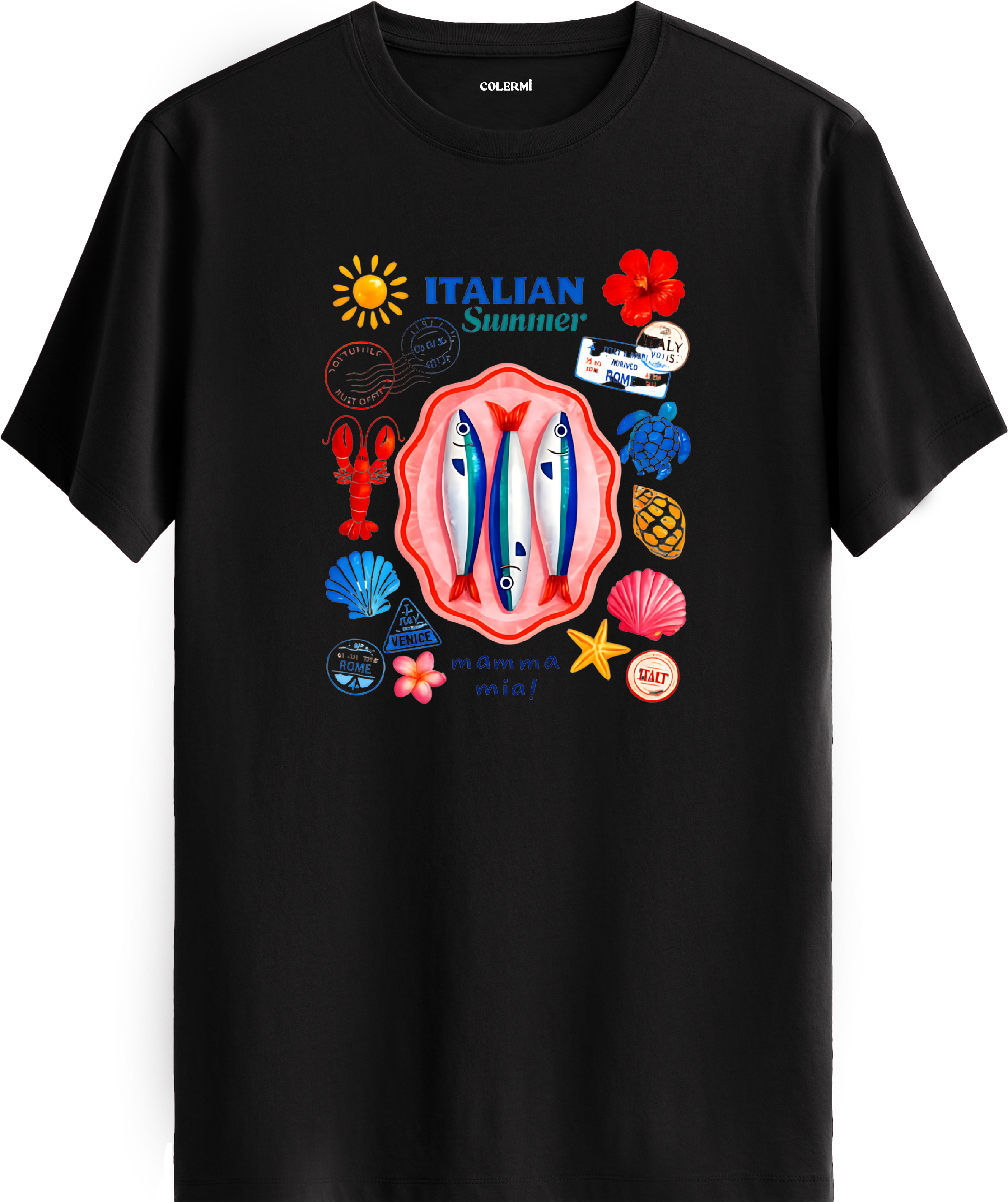 Italian Summer Deniz Kolaj Baskılı Regular Tişört