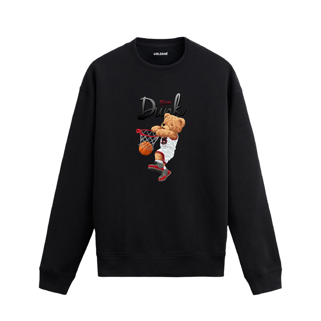 Basketbol temalı Slam Dunk tasarımıyla öne çıkan ayıcık baskılı sweatshirt, pamuklu kumaşıyla spor şıklığını günlük stile taşıyor.