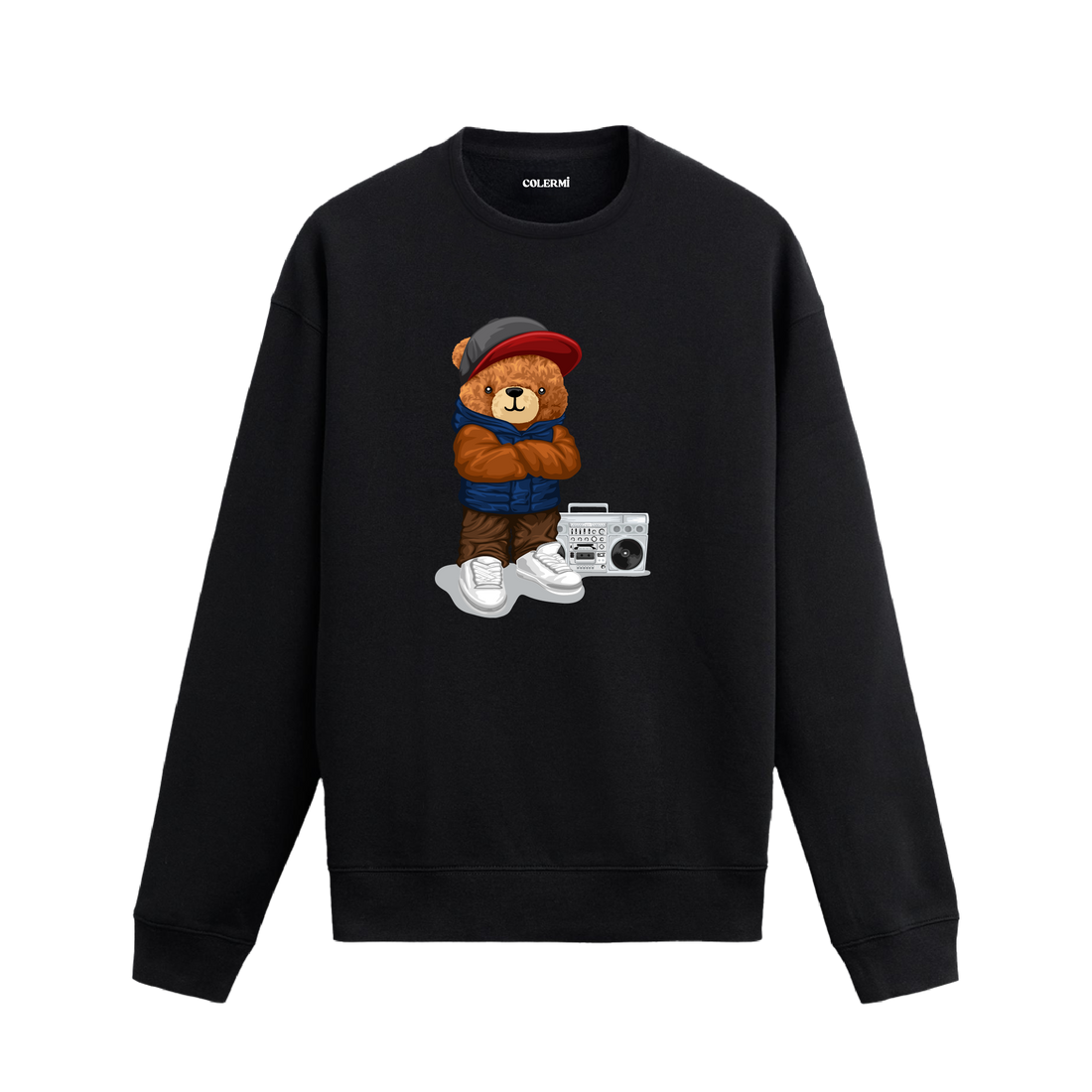 Boombox tasarımlı ayıcık baskılı sweatshirt, hip hop ruhunu ve pamuklu kumaş konforunu bir arada sunuyor.