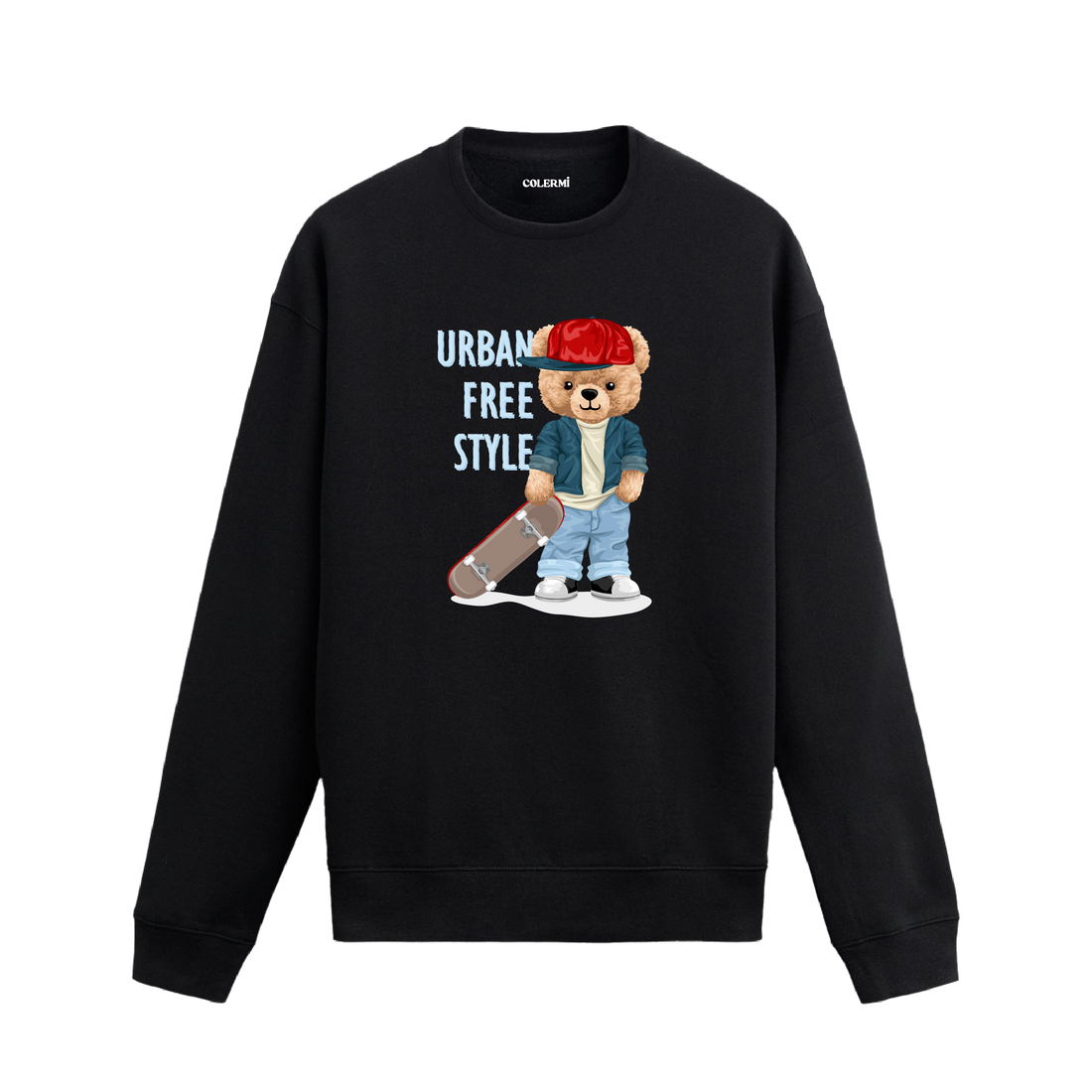 Urban Freestyle temalı ayıcık baskılı sweatshirt, kırmızı şapkalı ve kaykaylı tasarımıyla sokak modasına dinamik bir tarz katıyor.