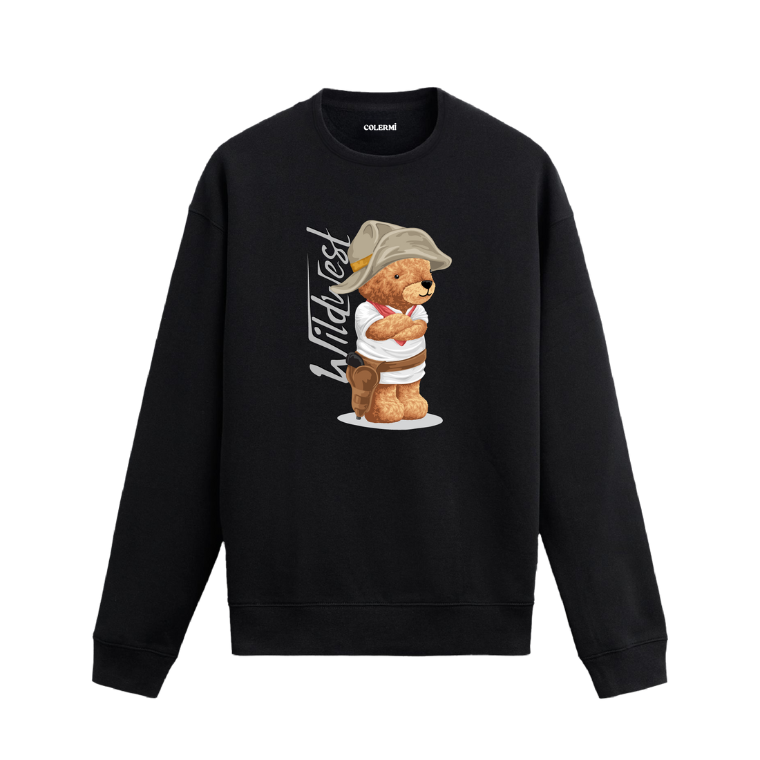 Wild West kovboy temalı ayıcık baskılı sweatshirt, pamuklu kumaşıyla nostaljik western ruhunu modern sokak stiline taşıyor.