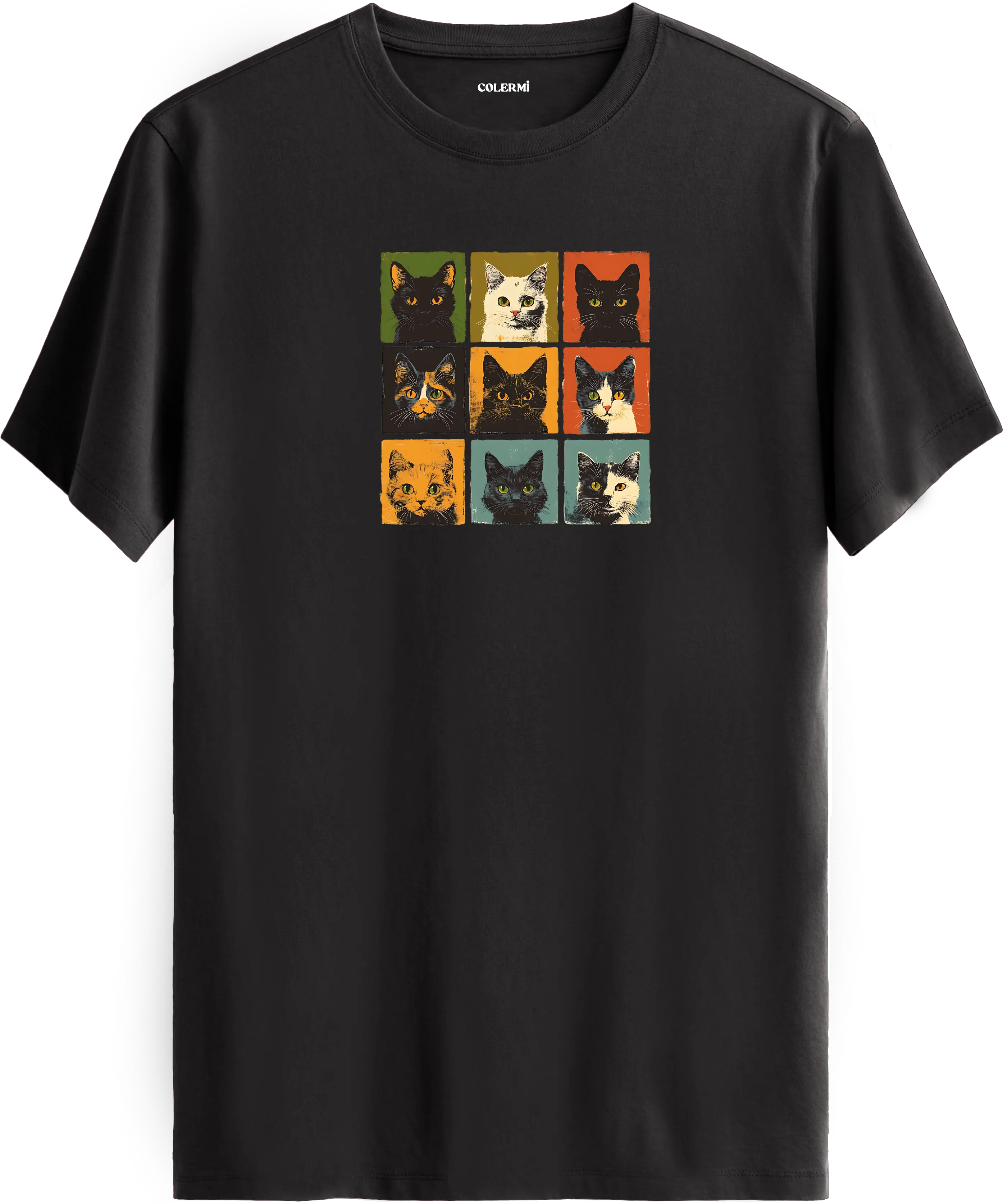 Retro Kedi Kolaj Tasarım Tişört