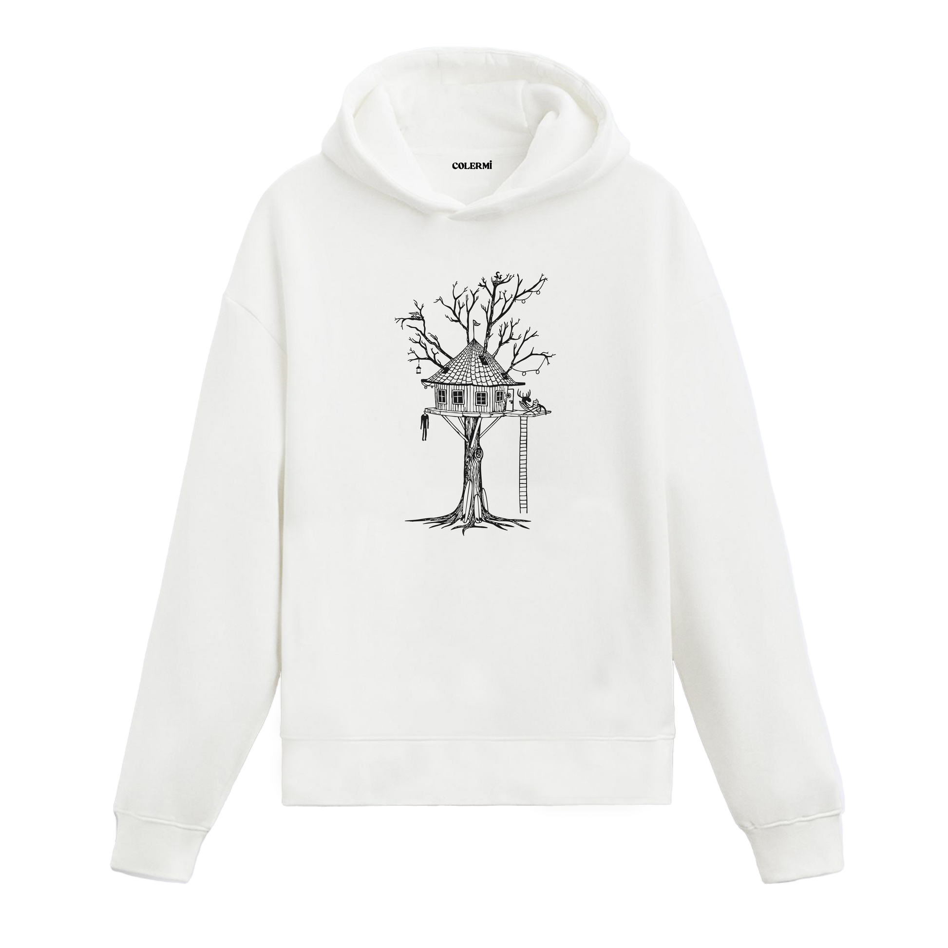 Colermi ağaç ev ve kitap okuyan geyik baskılı tasarım hoodie masalsı detaylarıyla sıcak tutan tasarım