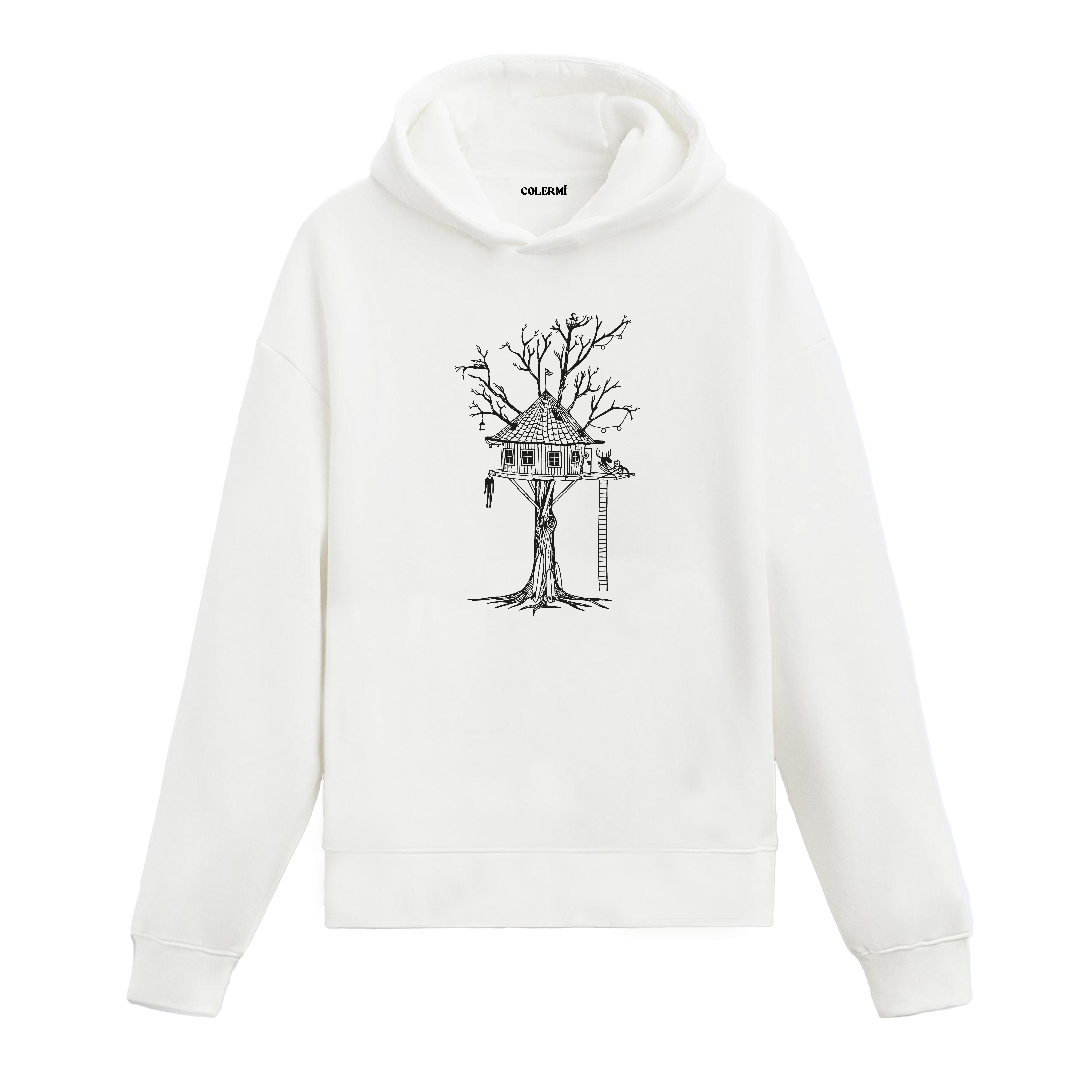 Colermi ağaç ev ve kitap okuyan geyik baskılı tasarım hoodie masalsı detaylarıyla sıcak tutan tasarım