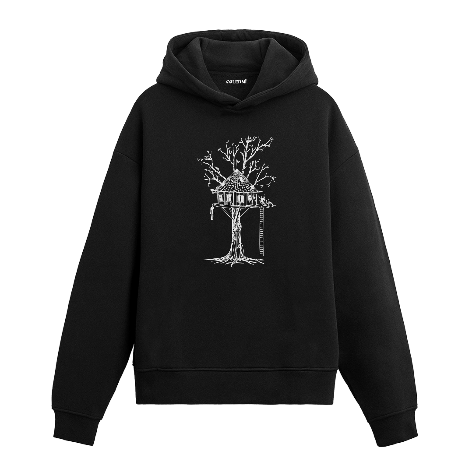 Colermi ağaç ev ve kitap okuyan geyik baskılı tasarım hoodie masalsı detaylarıyla sıcak tutan tasarım