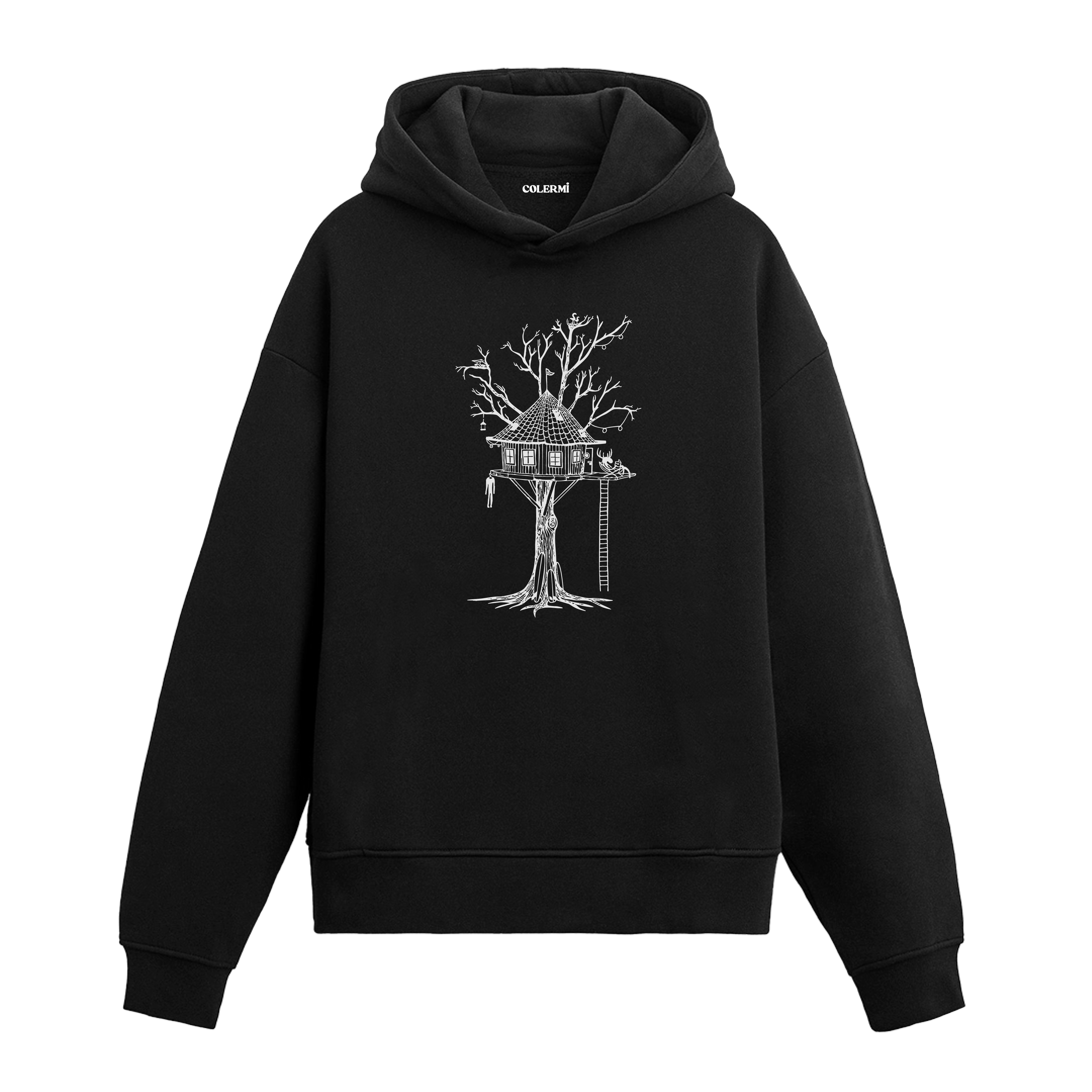 Colermi ağaç ev ve kitap okuyan geyik baskılı tasarım hoodie masalsı detaylarıyla sıcak tutan tasarım