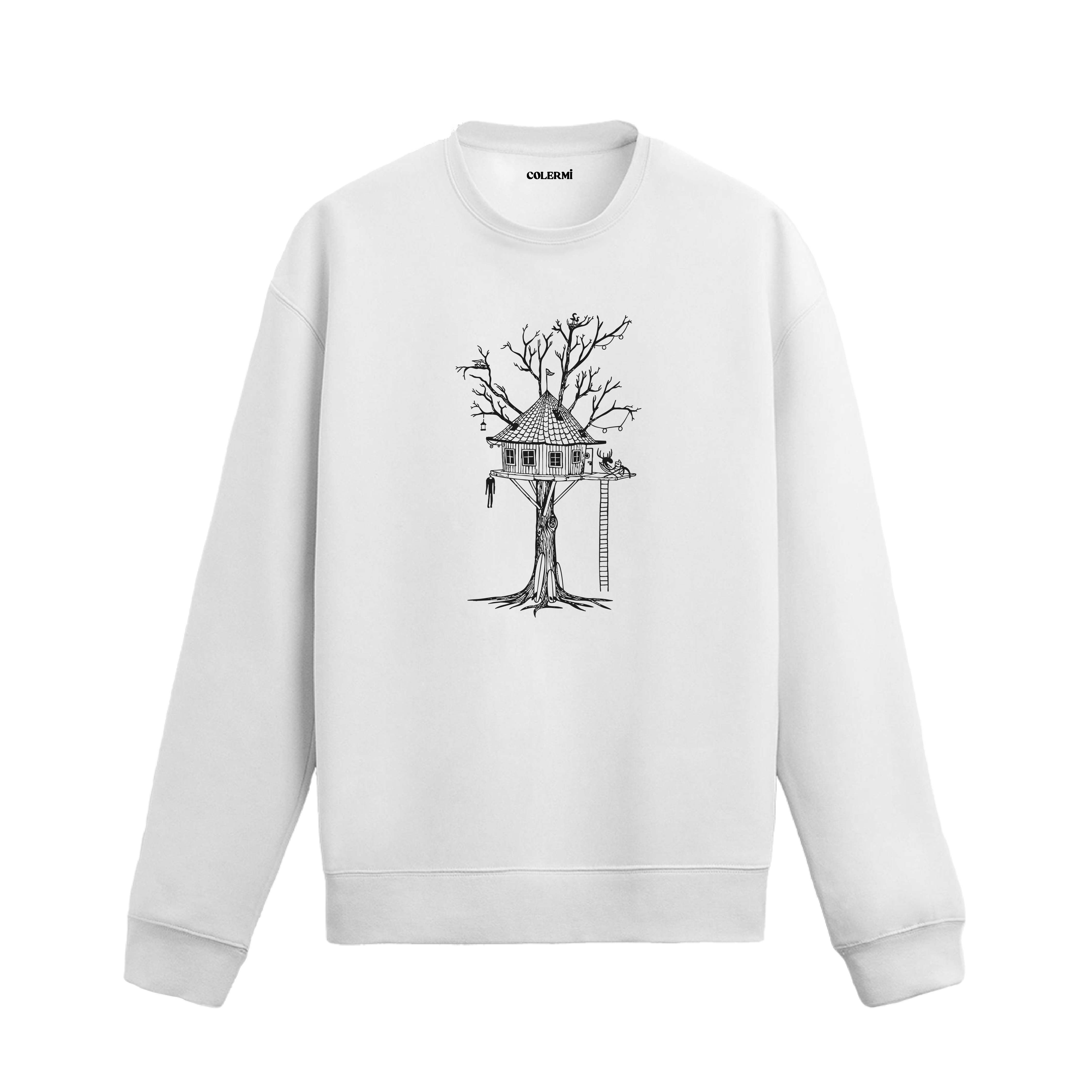 Detaylı ağaç ev, geyik, kuşlar ve fener figürlü Colermi sweatshirt.