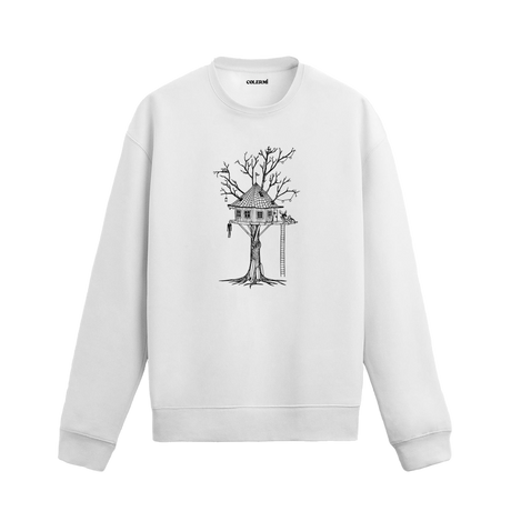 Detaylı ağaç ev, geyik, kuşlar ve fener figürlü Colermi sweatshirt.
