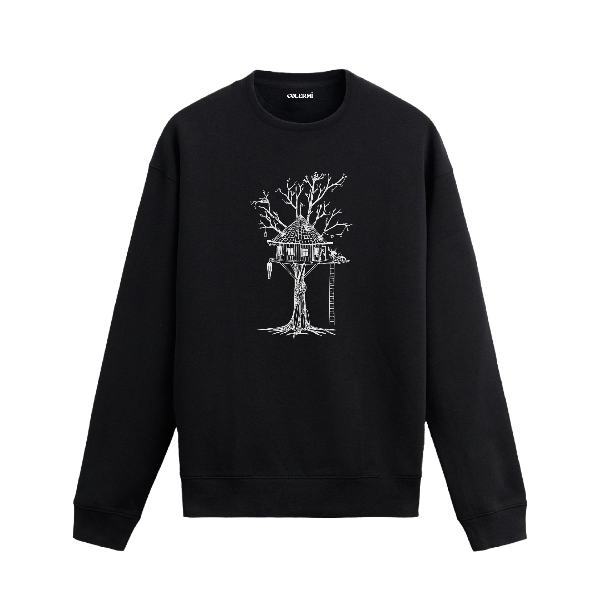 Detaylı ağaç ev, geyik, kuşlar ve fener figürlü Colermi sweatshirt.