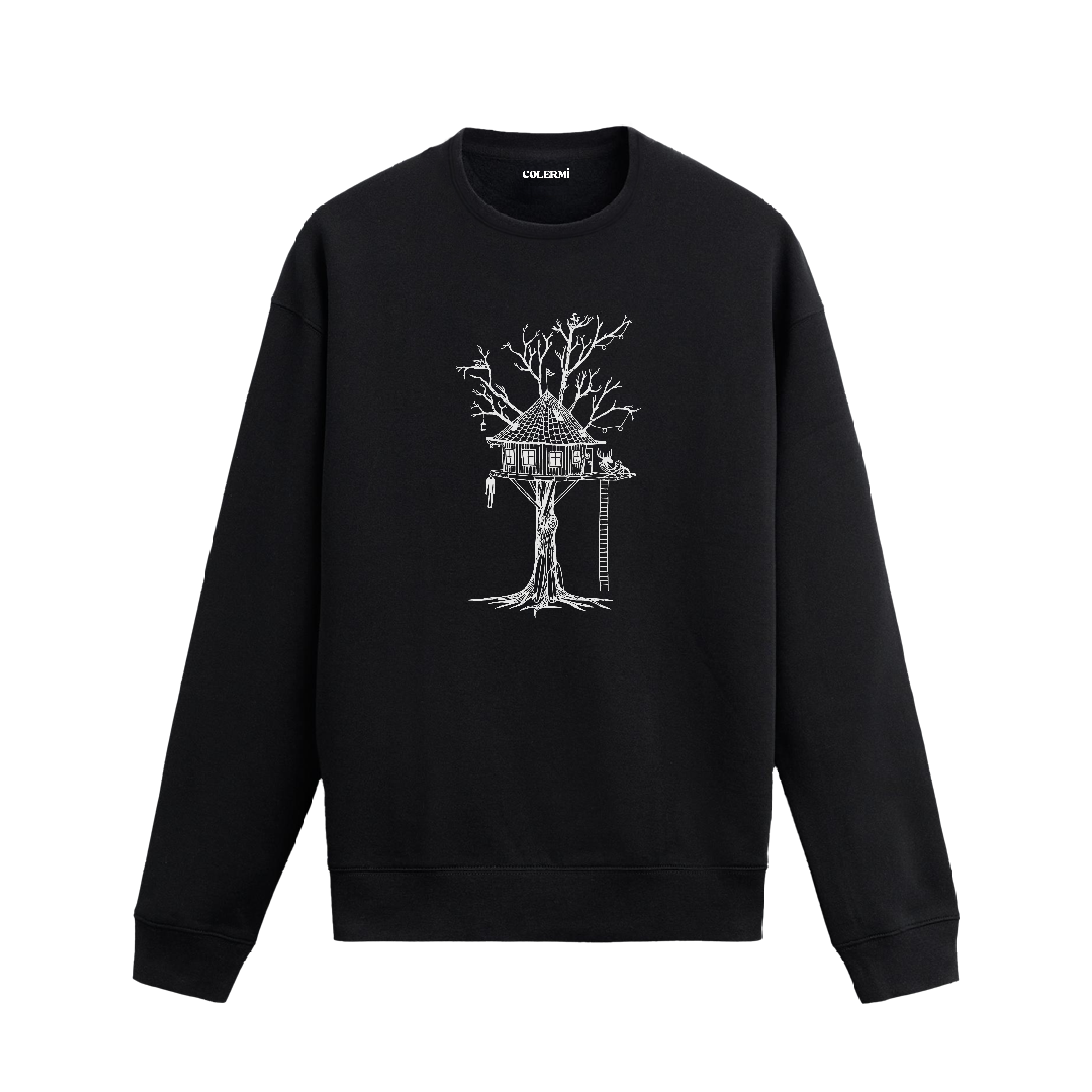 Detaylı ağaç ev, geyik, kuşlar ve fener figürlü Colermi sweatshirt.