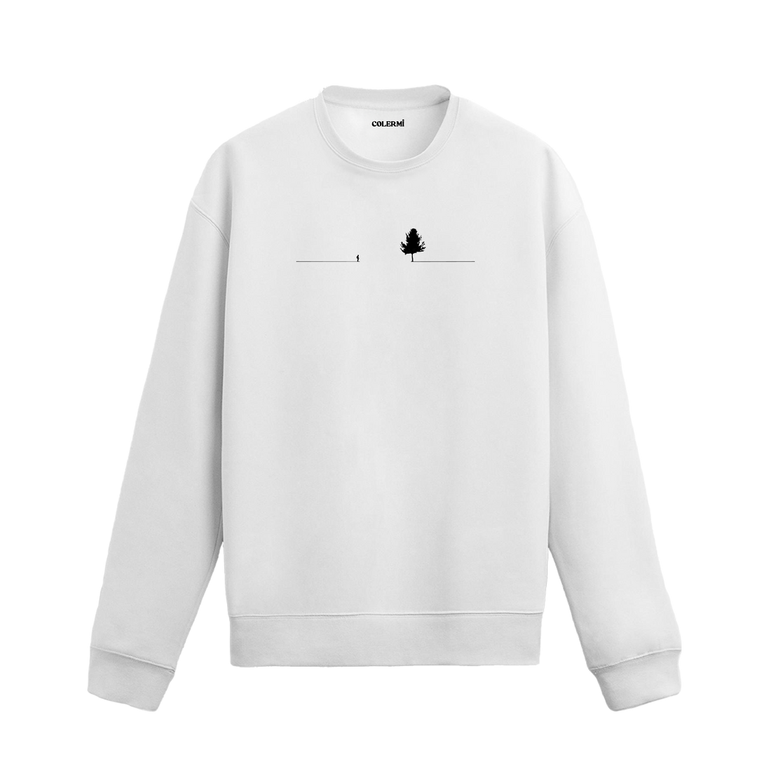 Yatay çizgi üzerinde yürüyen küçük bir insan figürü ve karşısında duran büyük ağaç çizimli sweatshirt tasarımı.