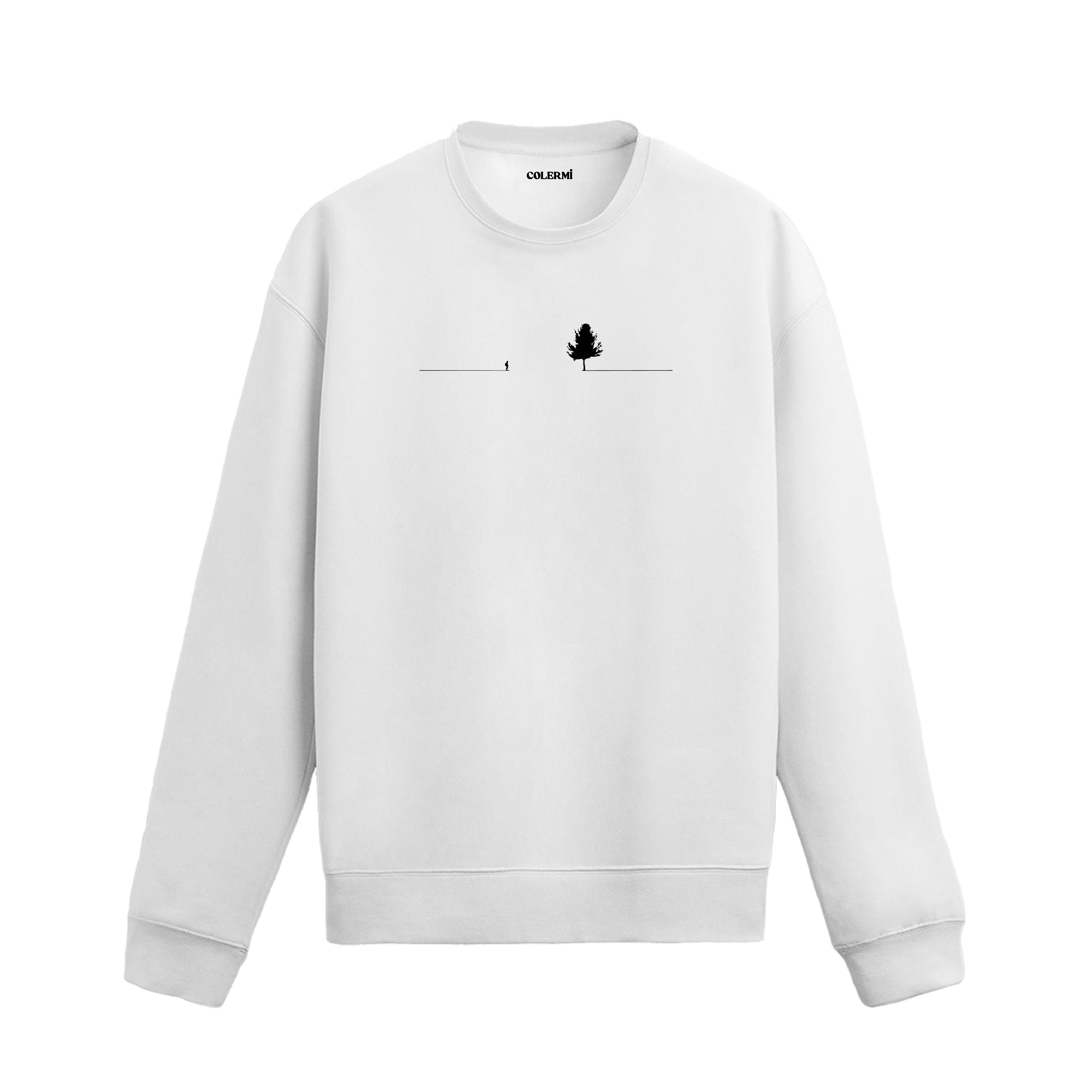 Yatay çizgi üzerinde yürüyen küçük bir insan figürü ve karşısında duran büyük ağaç çizimli sweatshirt tasarımı.