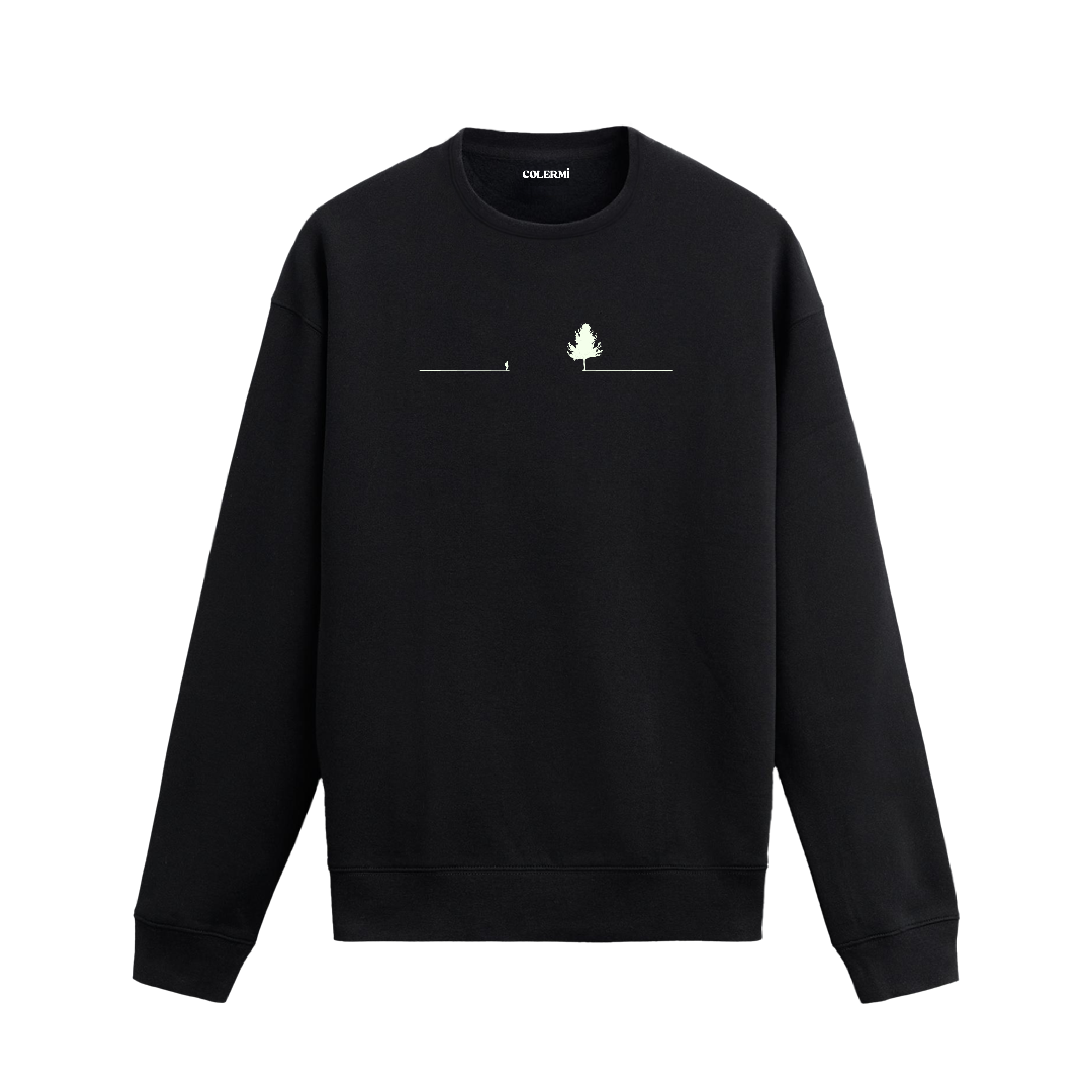 Yatay çizgi üzerinde yürüyen küçük bir insan figürü ve karşısında duran büyük ağaç çizimli sweatshirt tasarımı.