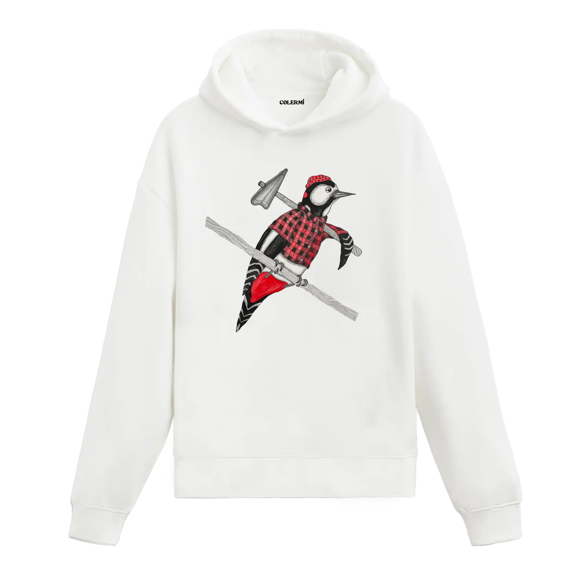 Oduncu gömlekli, balta taşıyan ağaçkakan figürlü Colermi beyaz hoodie.
