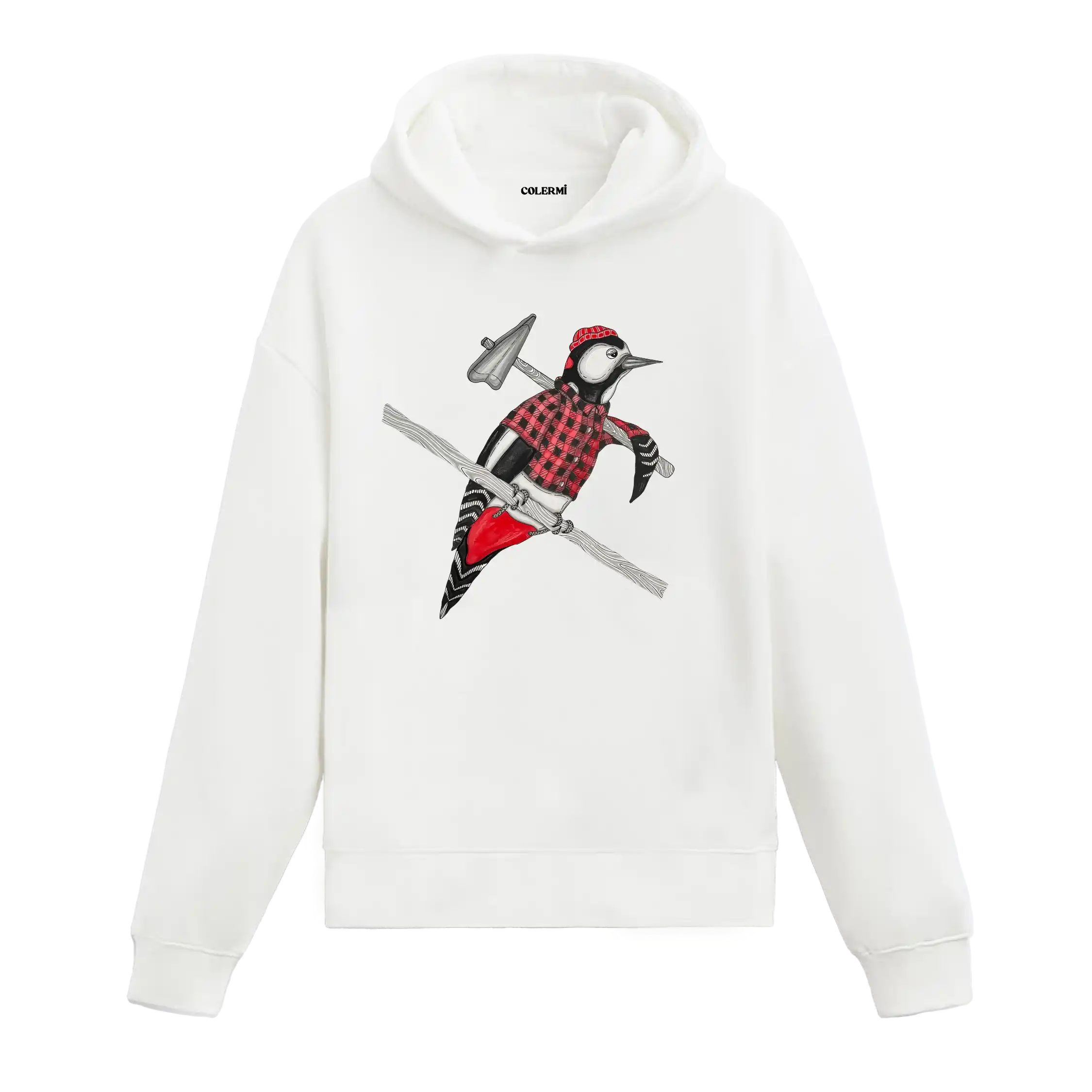 Oduncu gömlekli, balta taşıyan ağaçkakan figürlü Colermi beyaz hoodie.