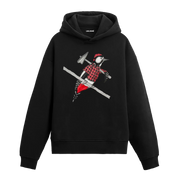 Oduncu gömlekli, balta taşıyan ağaçkakan figürlü siyah Colermi hoodie.