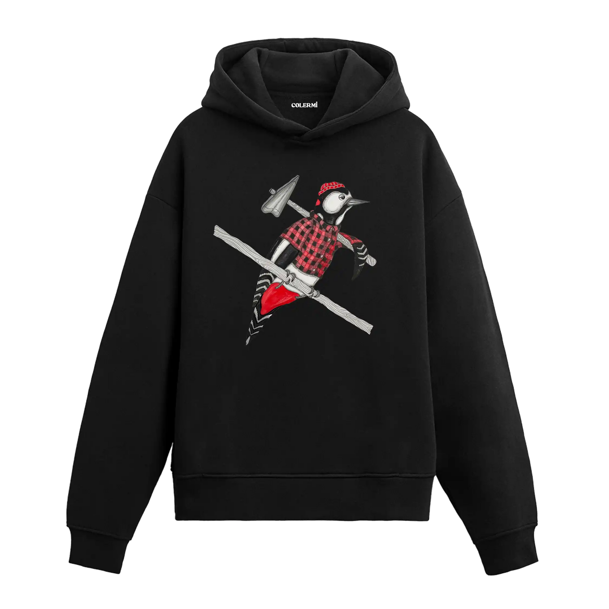 Oduncu gömlekli, balta taşıyan ağaçkakan figürlü siyah Colermi hoodie.