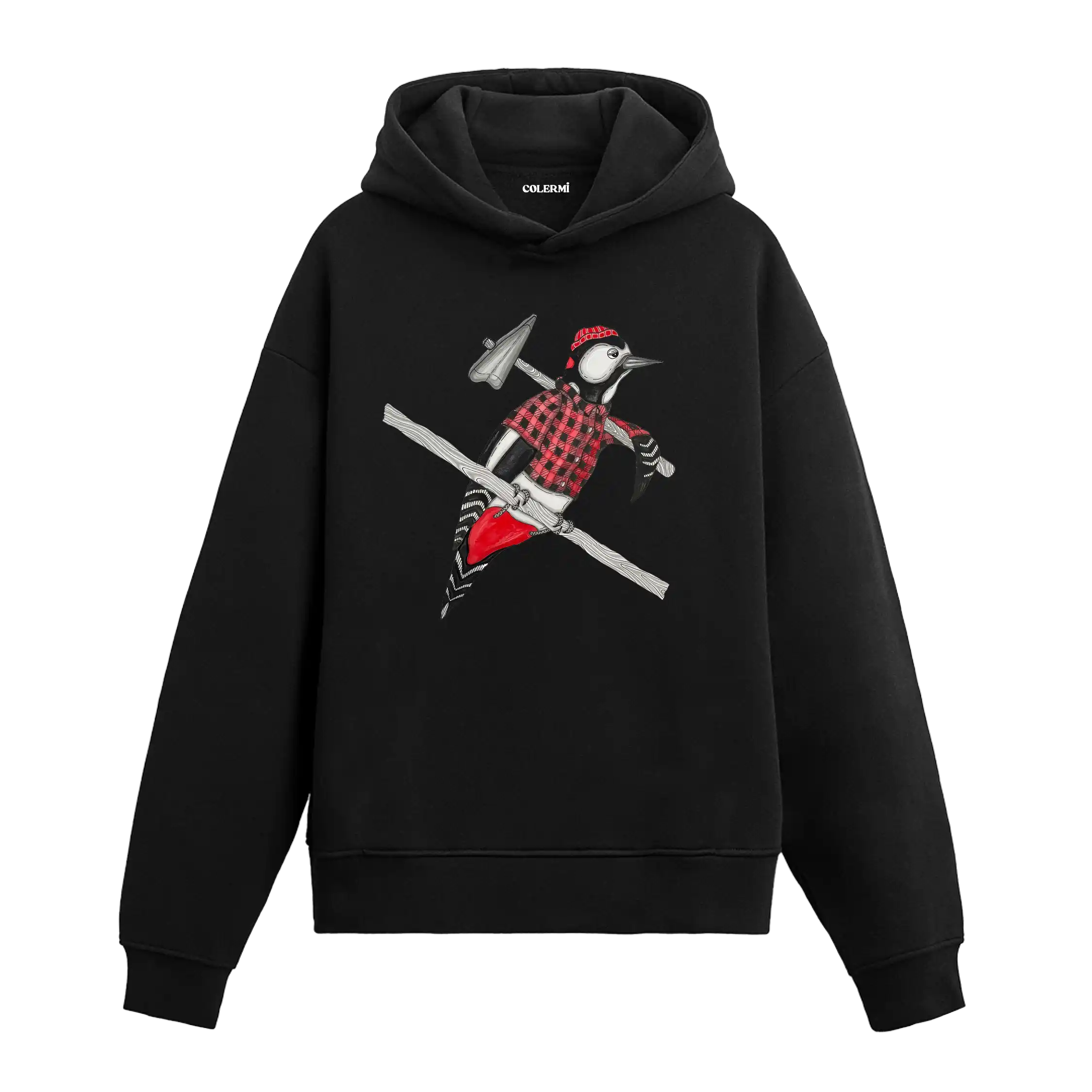 Oduncu gömlekli, balta taşıyan ağaçkakan figürlü siyah Colermi hoodie.