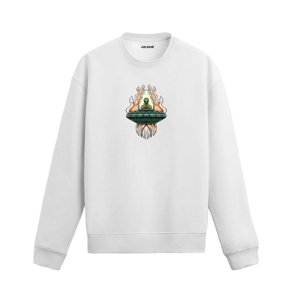 Alevli bir uzay gemisinde oturan uzaylı figürlü Colermi sweatshirt tasarımı.