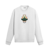 Alevli bir uzay gemisinde oturan uzaylı figürlü Colermi sweatshirt tasarımı.